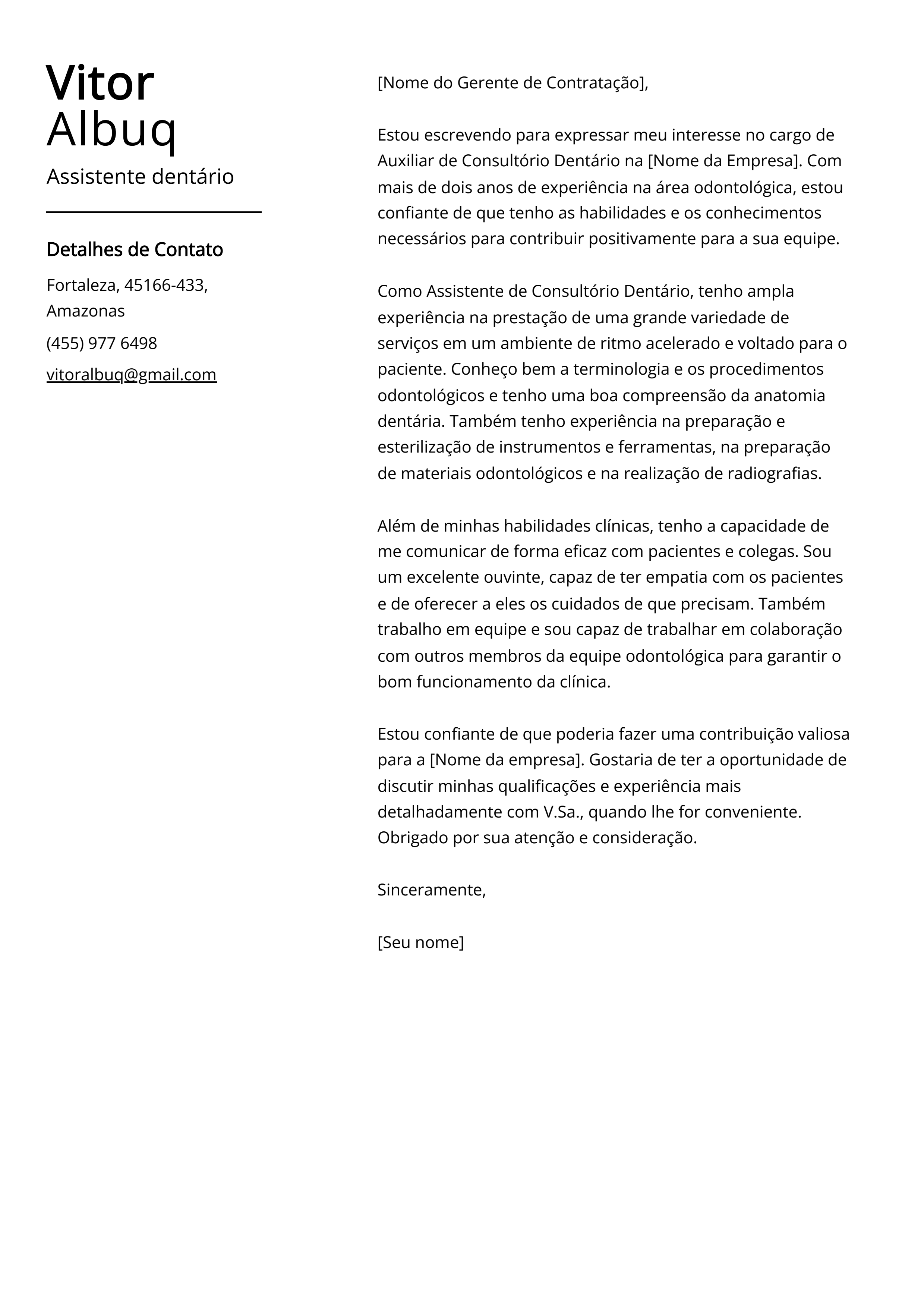 Exemplo de carta de apresentação de assistente dentário