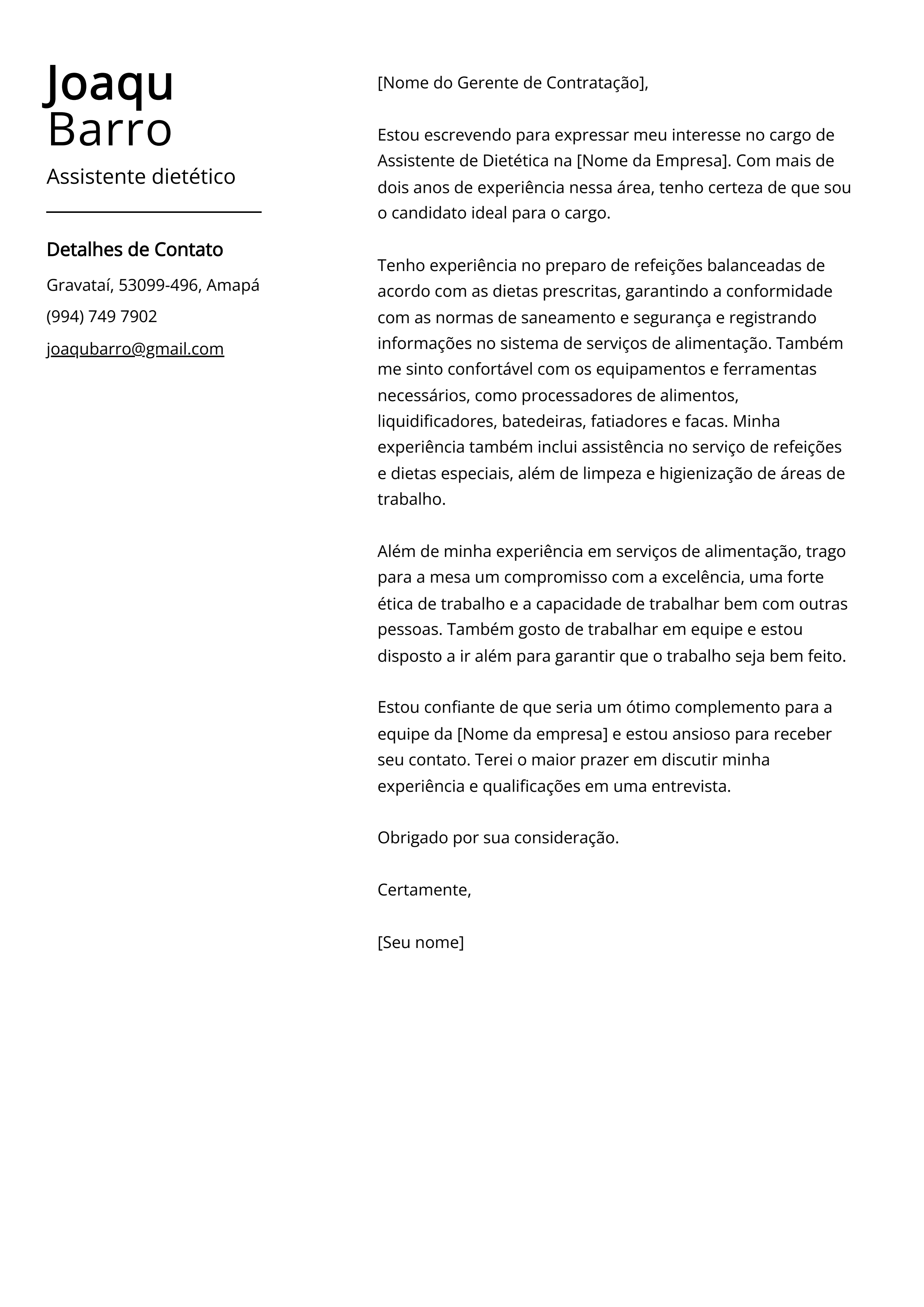 Exemplo de carta de apresentação de assistente dietético