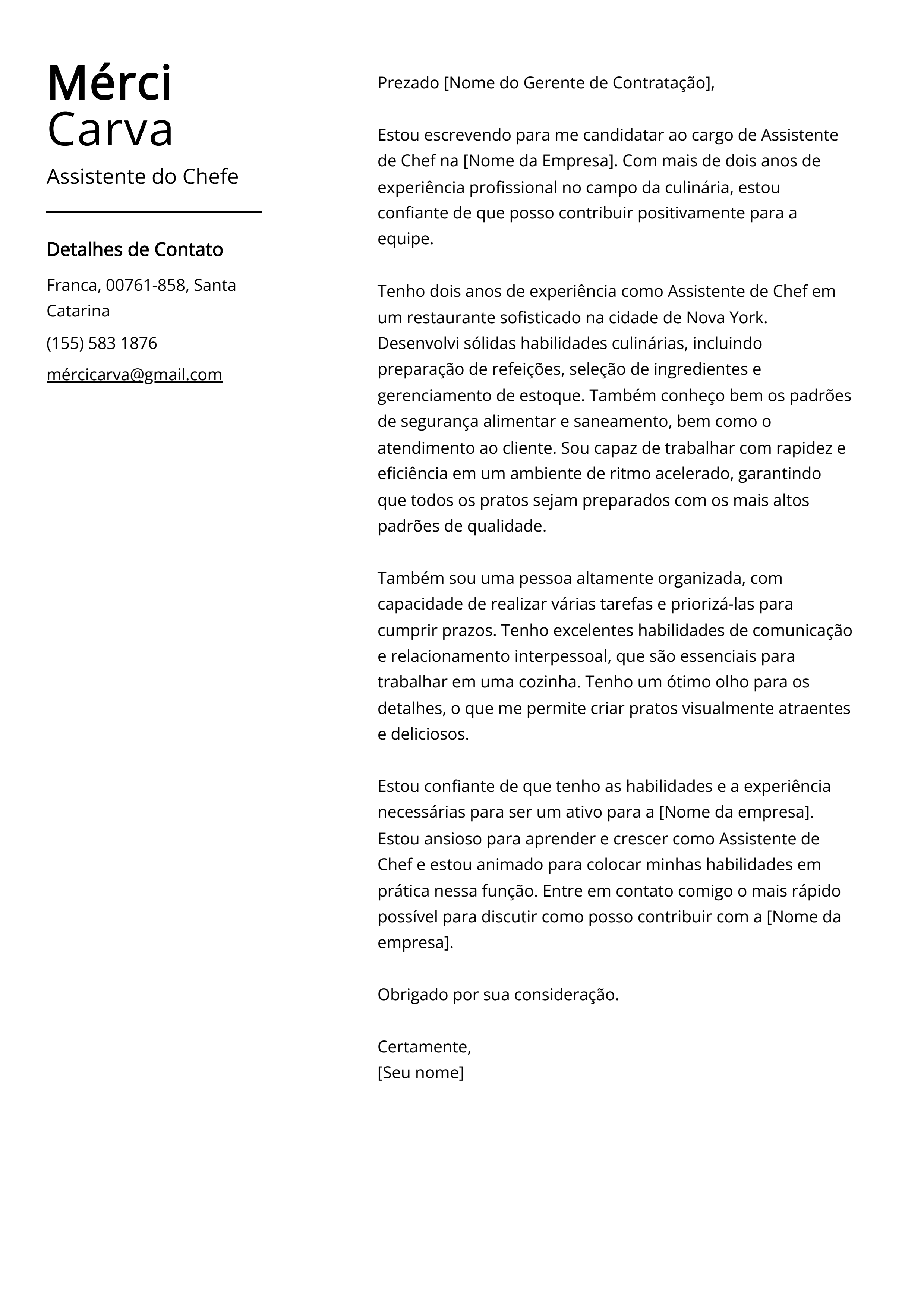 Exemplo de carta de apresentação do Assistente do Chefe