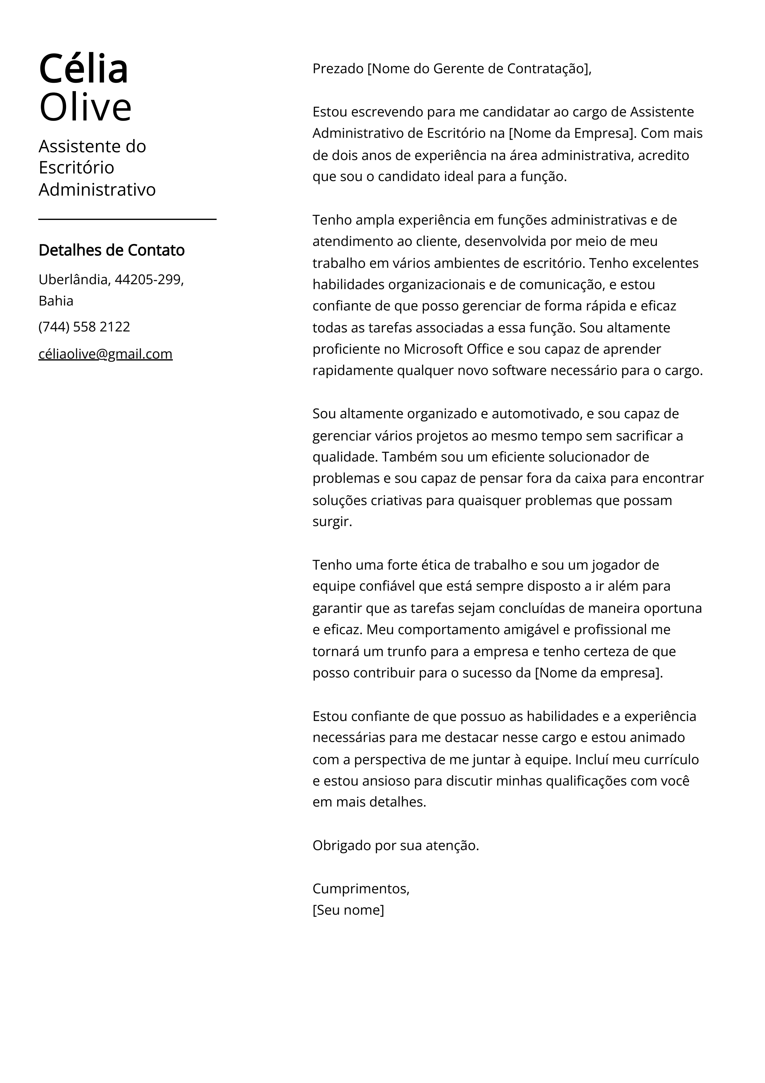 Exemplo de carta de apresentação do Assistente do Escritório Administrativo