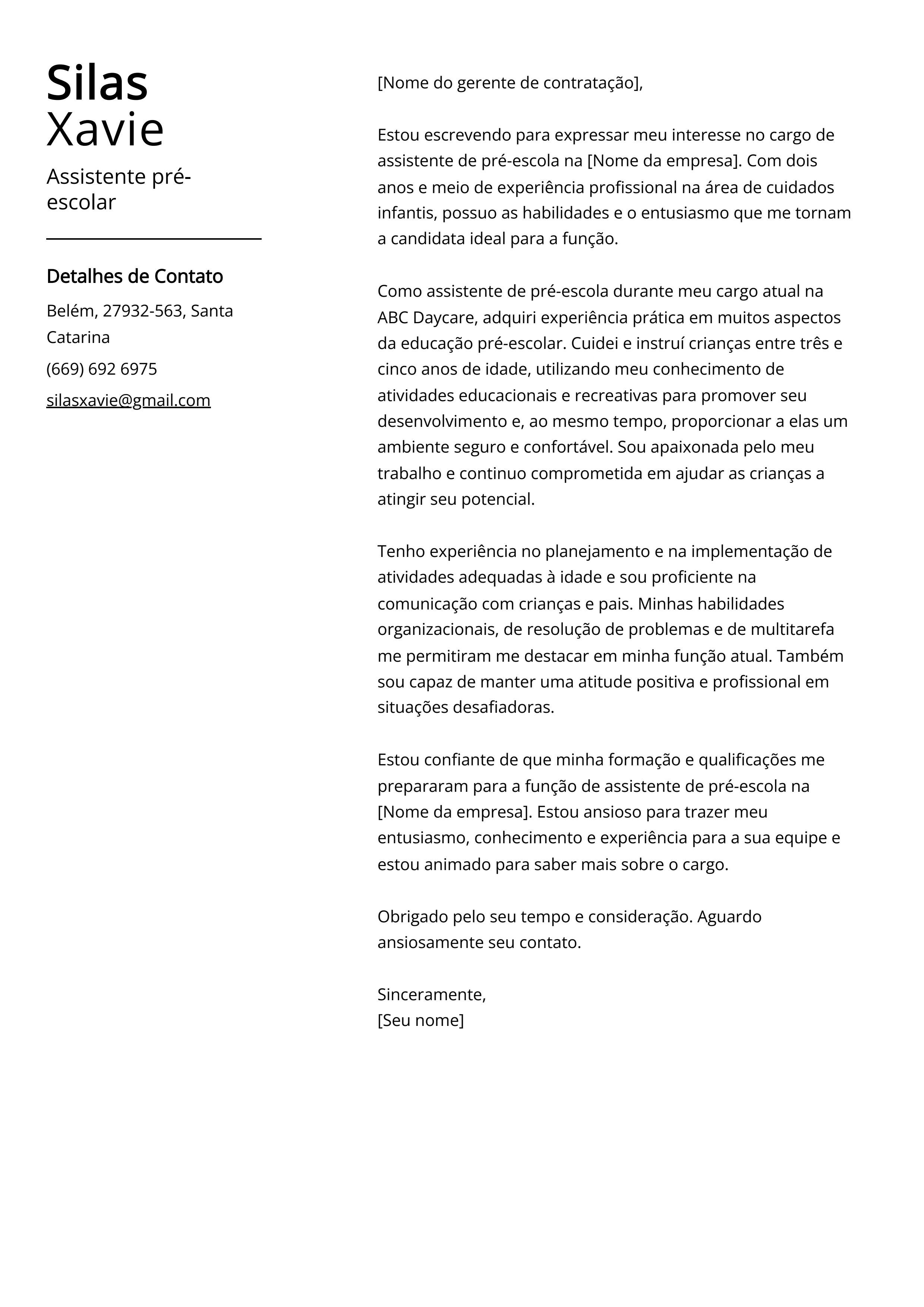 Exemplo de carta de apresentação de assistente pré-escolar