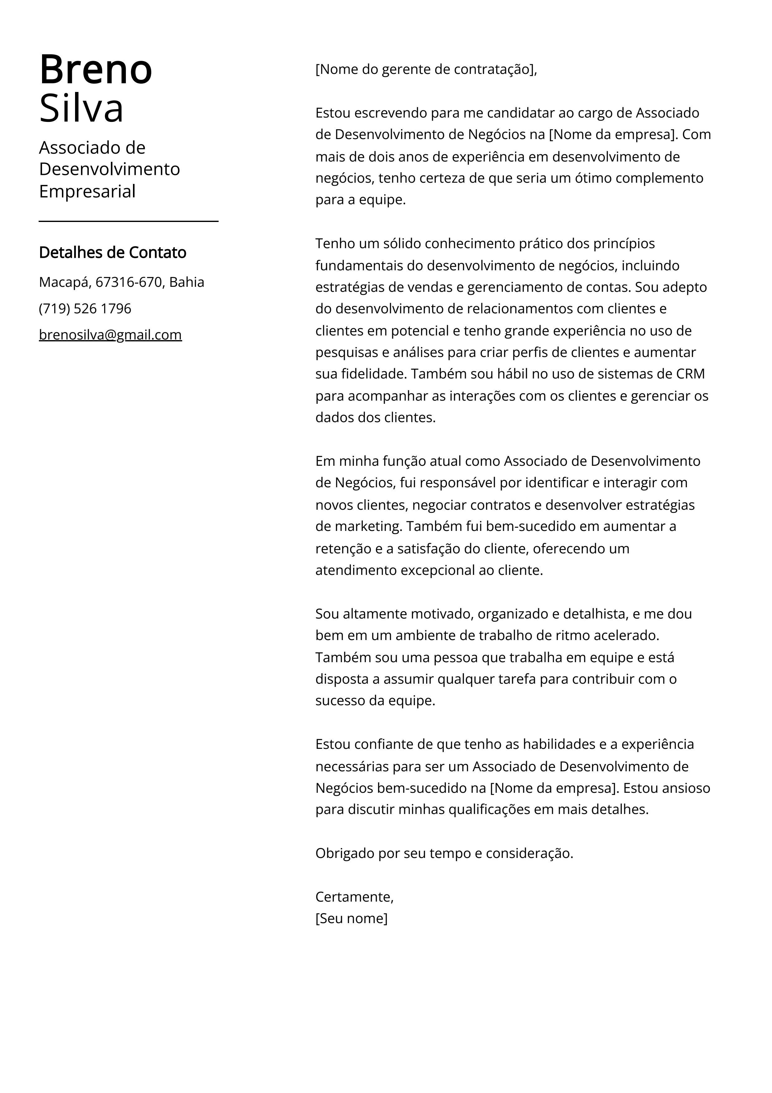 Exemplo de carta de apresentação de Associado de Desenvolvimento Empresarial