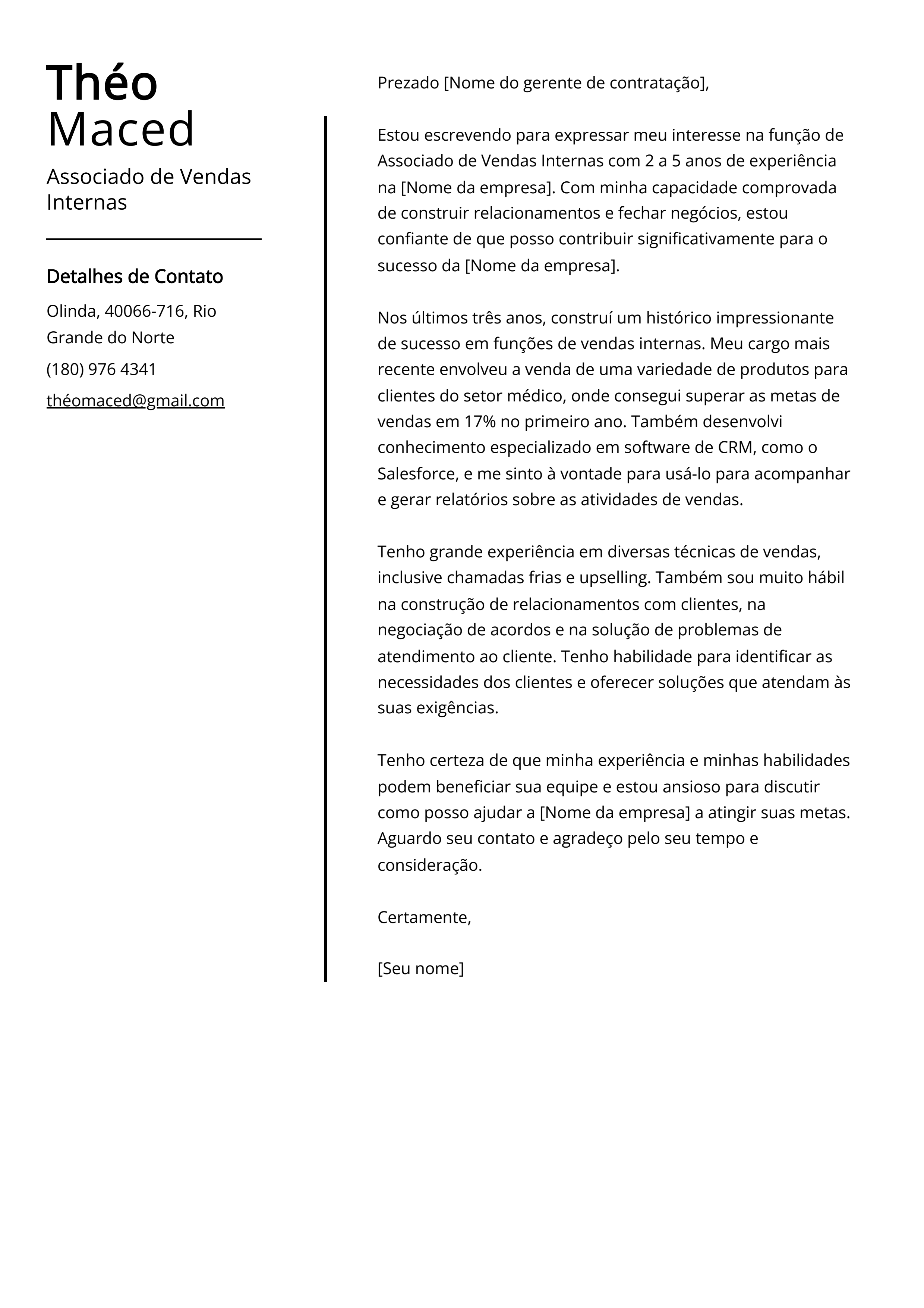 Exemplo de carta de apresentação de Associado de Vendas Internas