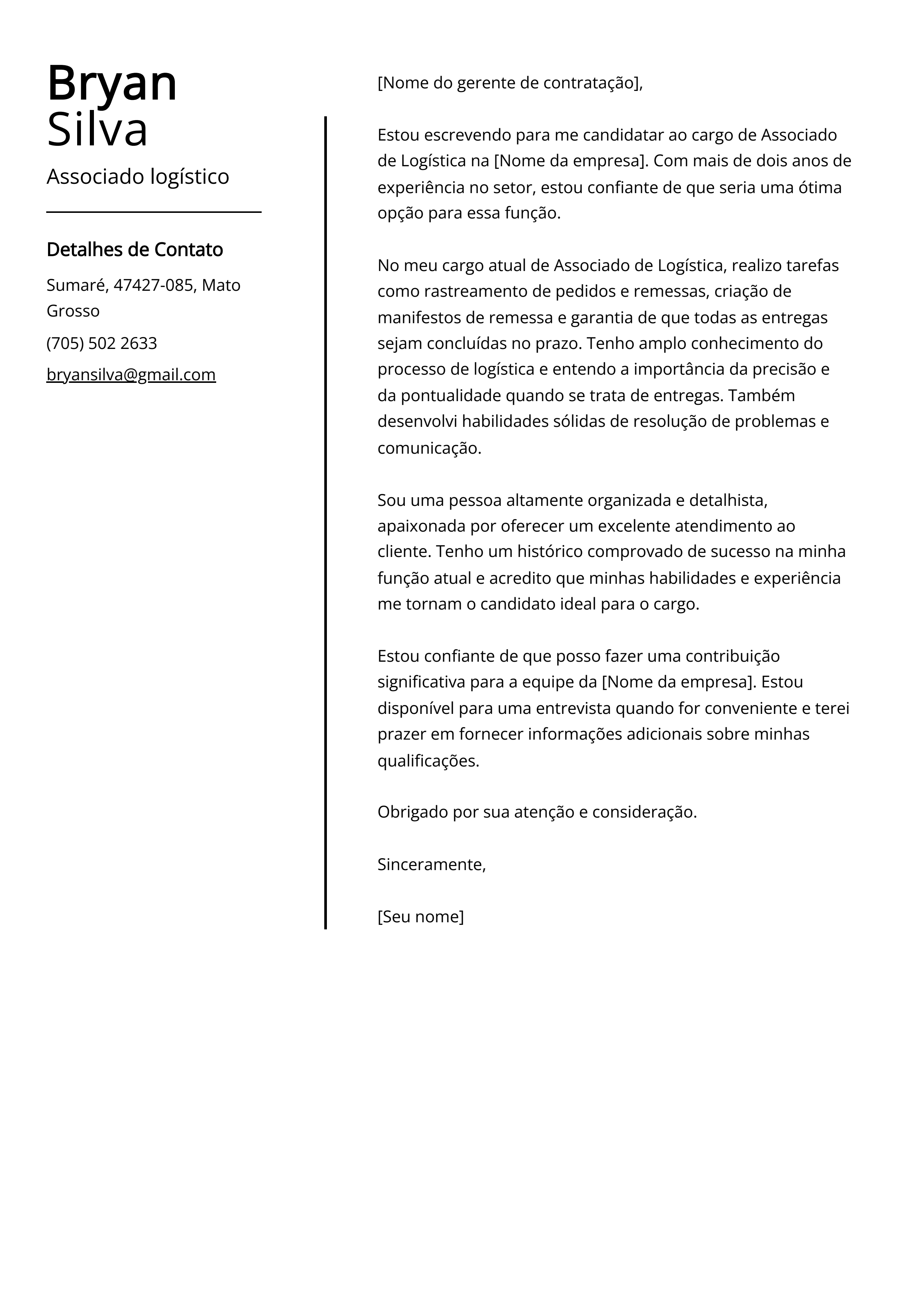 Exemplo de Carta de Apresentação de Associado Logístico