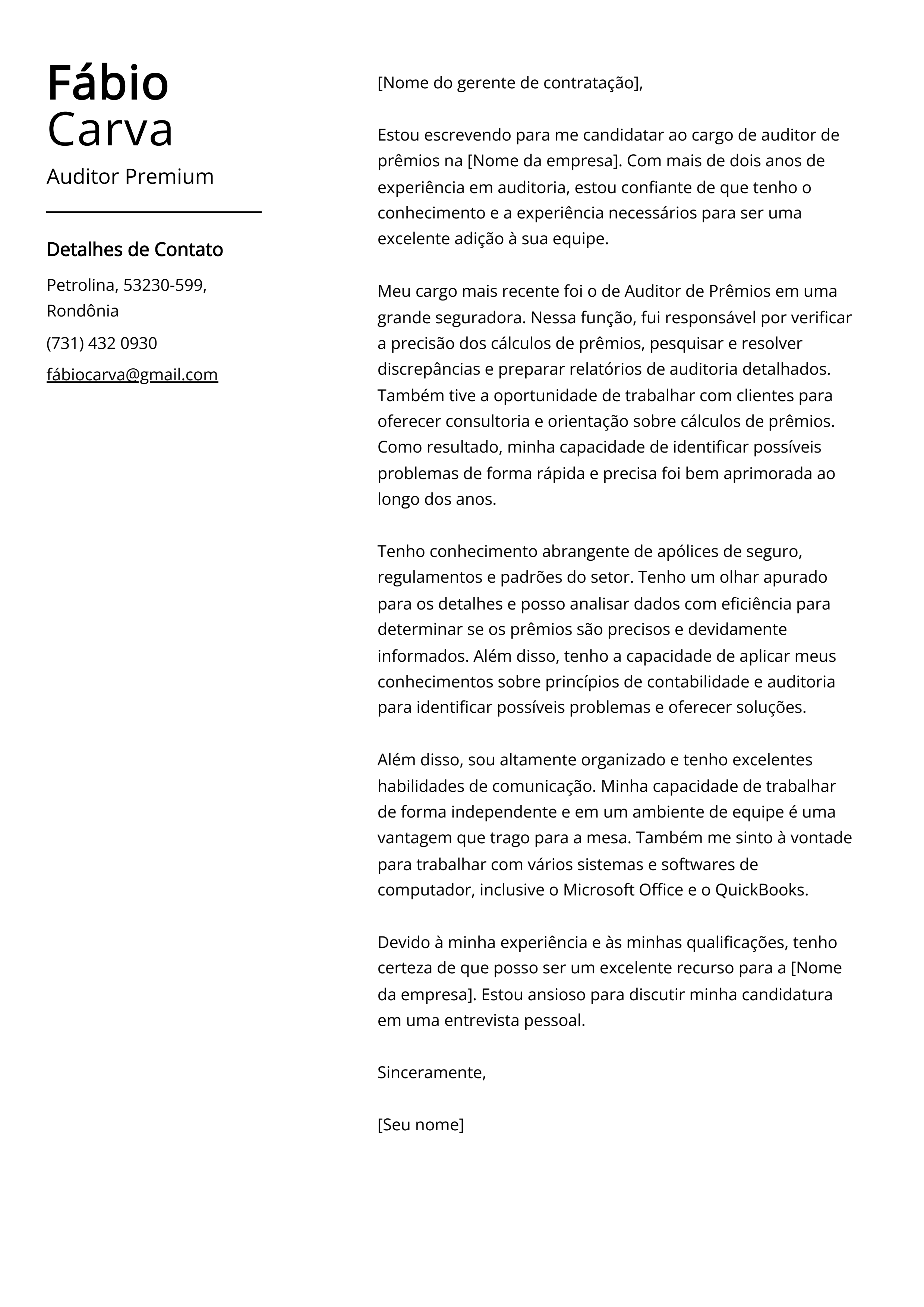 Exemplo de carta de apresentação do Auditor Premium