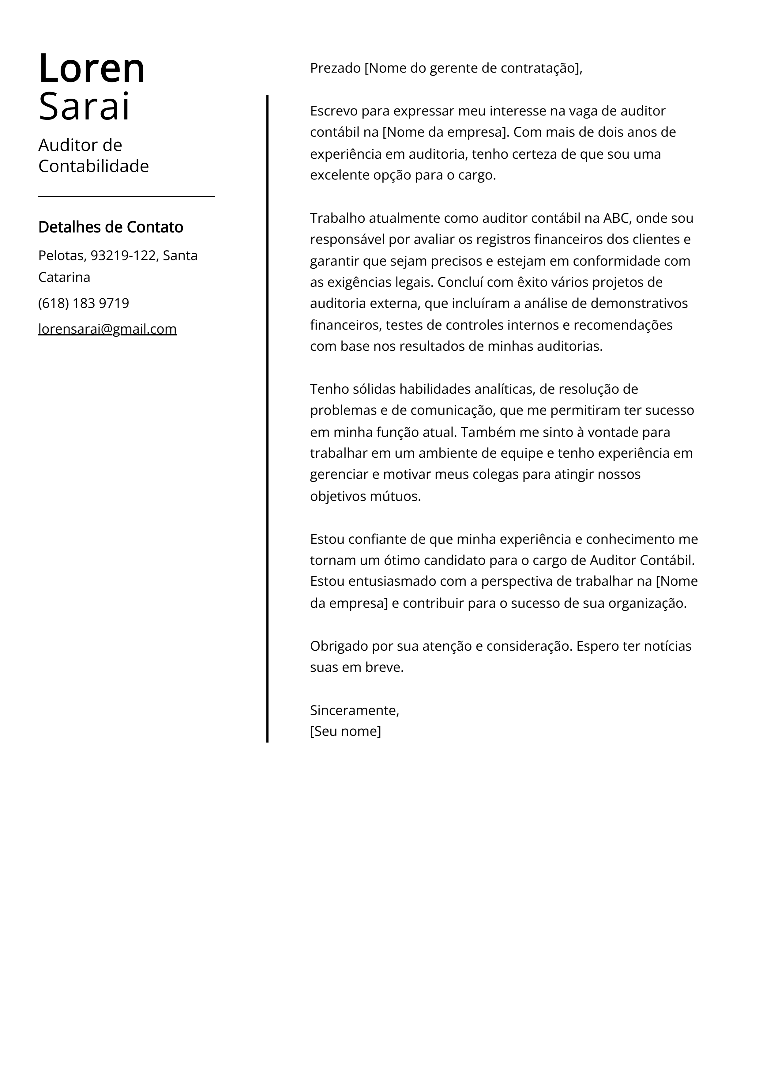 Exemplo de Carta de Apresentação de Auditor de Contabilidade