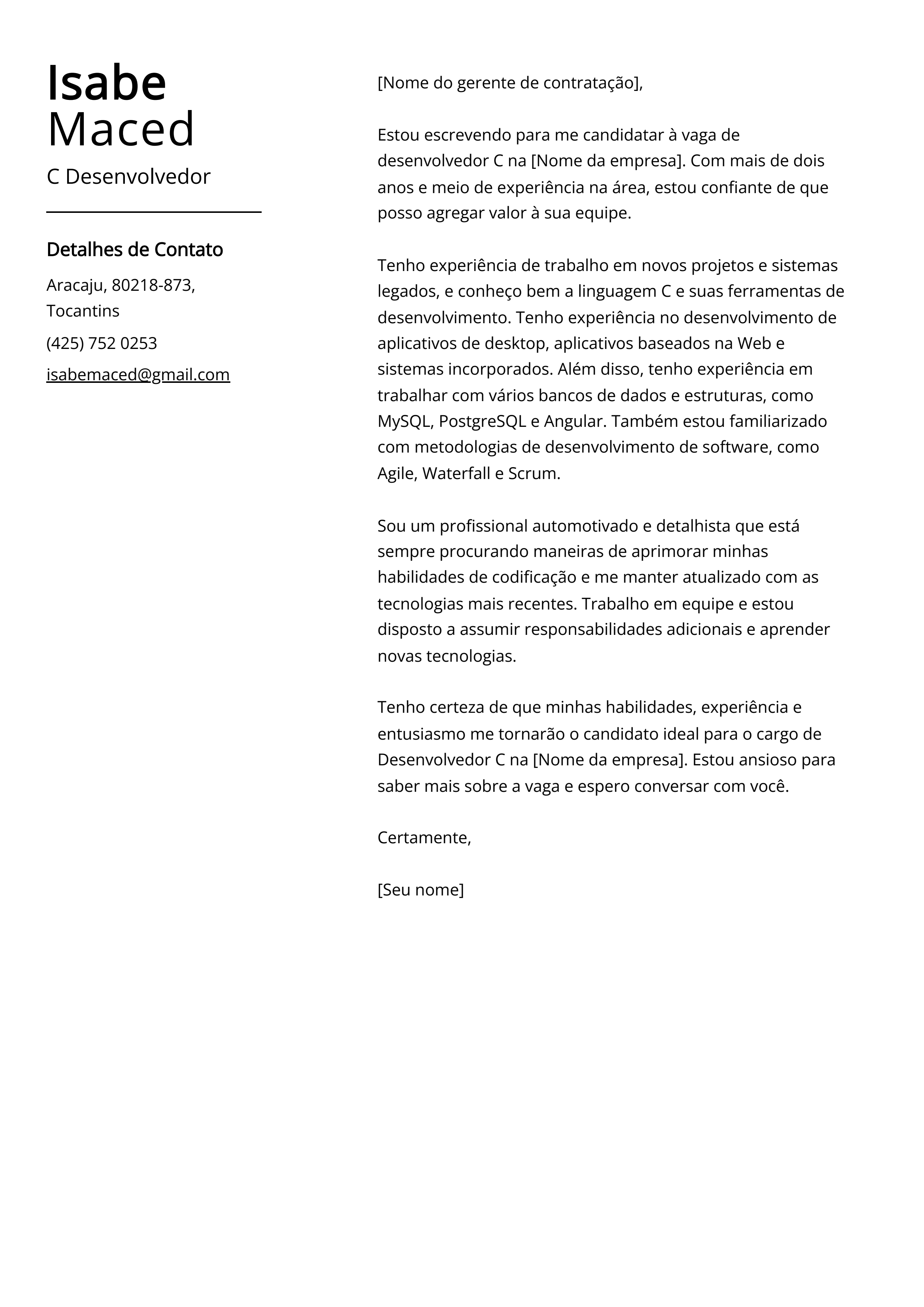 Exemplo de carta de apresentação do Desenvolvedor C