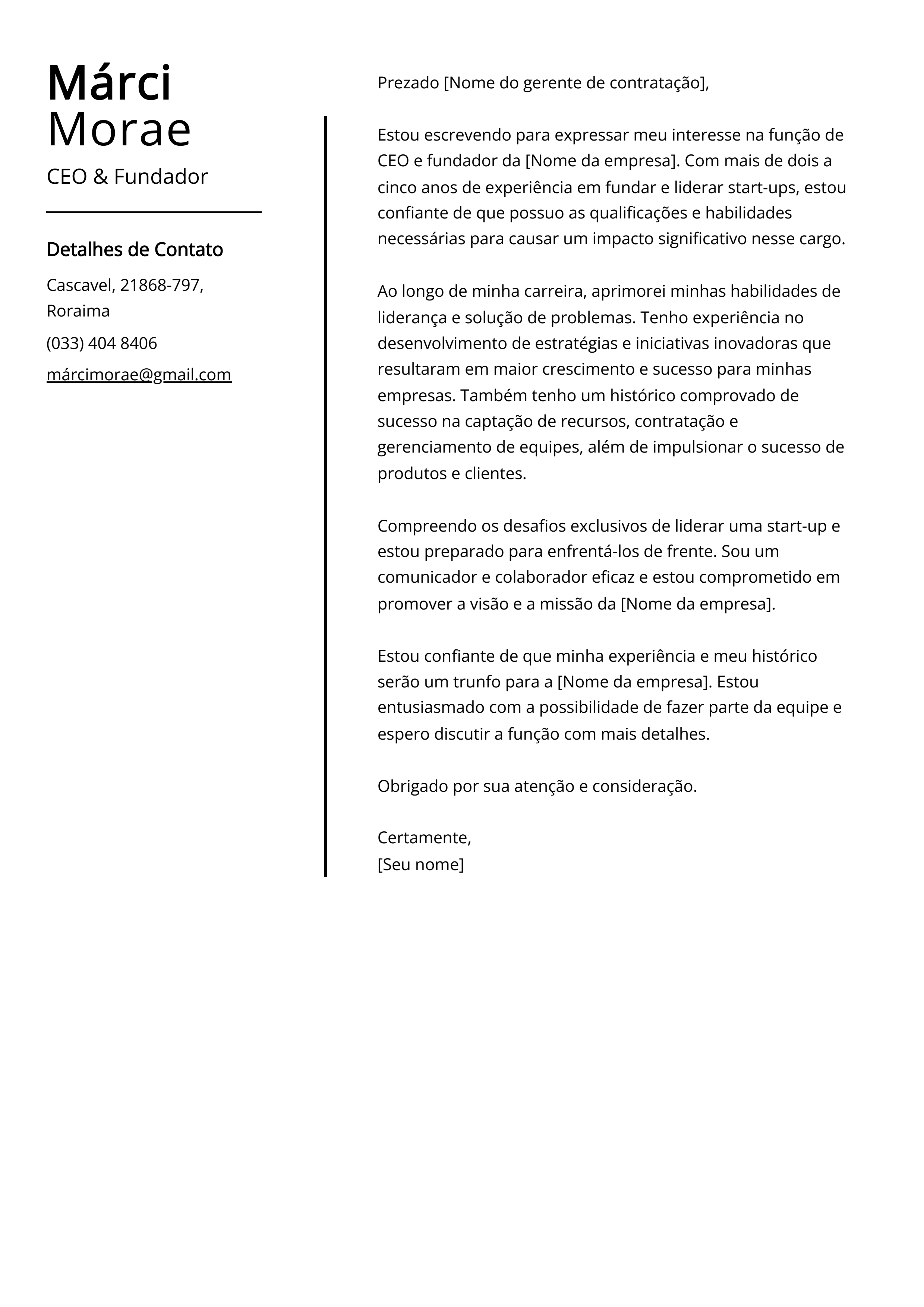 Exemplo de carta de apresentação de CEO e Fundador