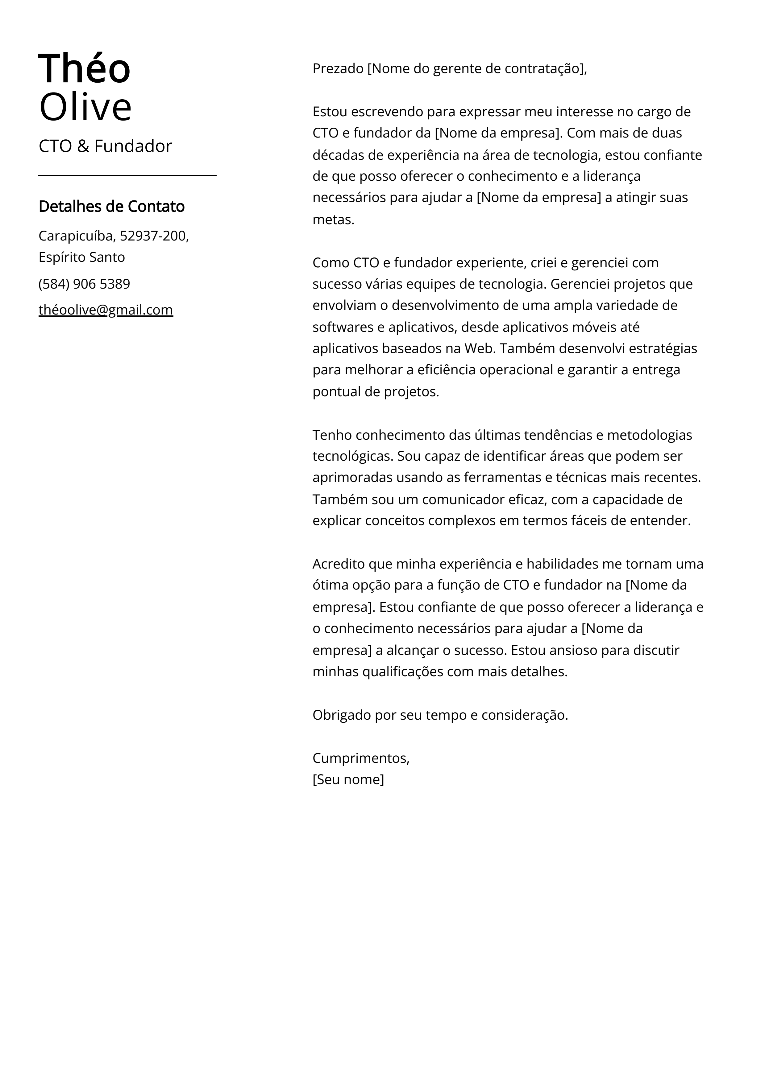 Exemplo de carta de apresentação de CTO e Fundador