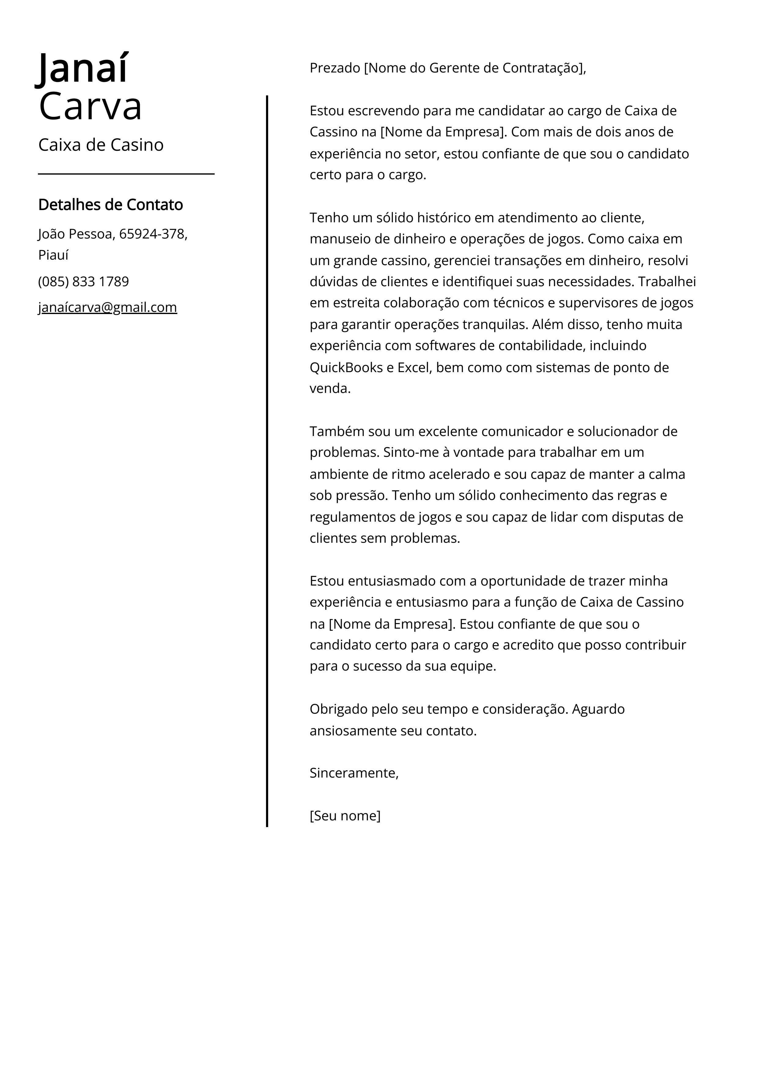 Exemplo de carta de apresentação da Caixa de Cassino