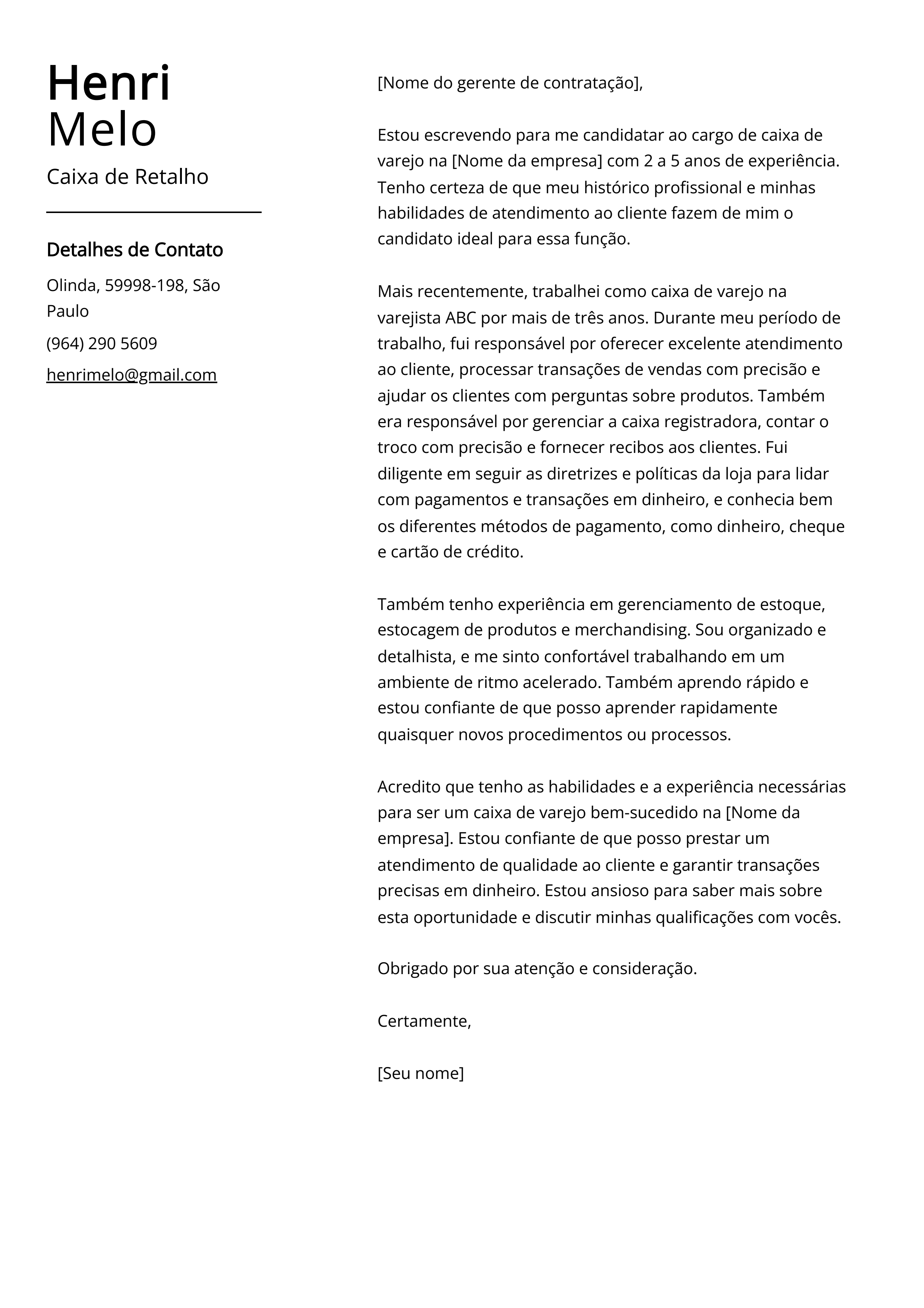 Exemplo de carta de apresentação da Caixa de Retalho