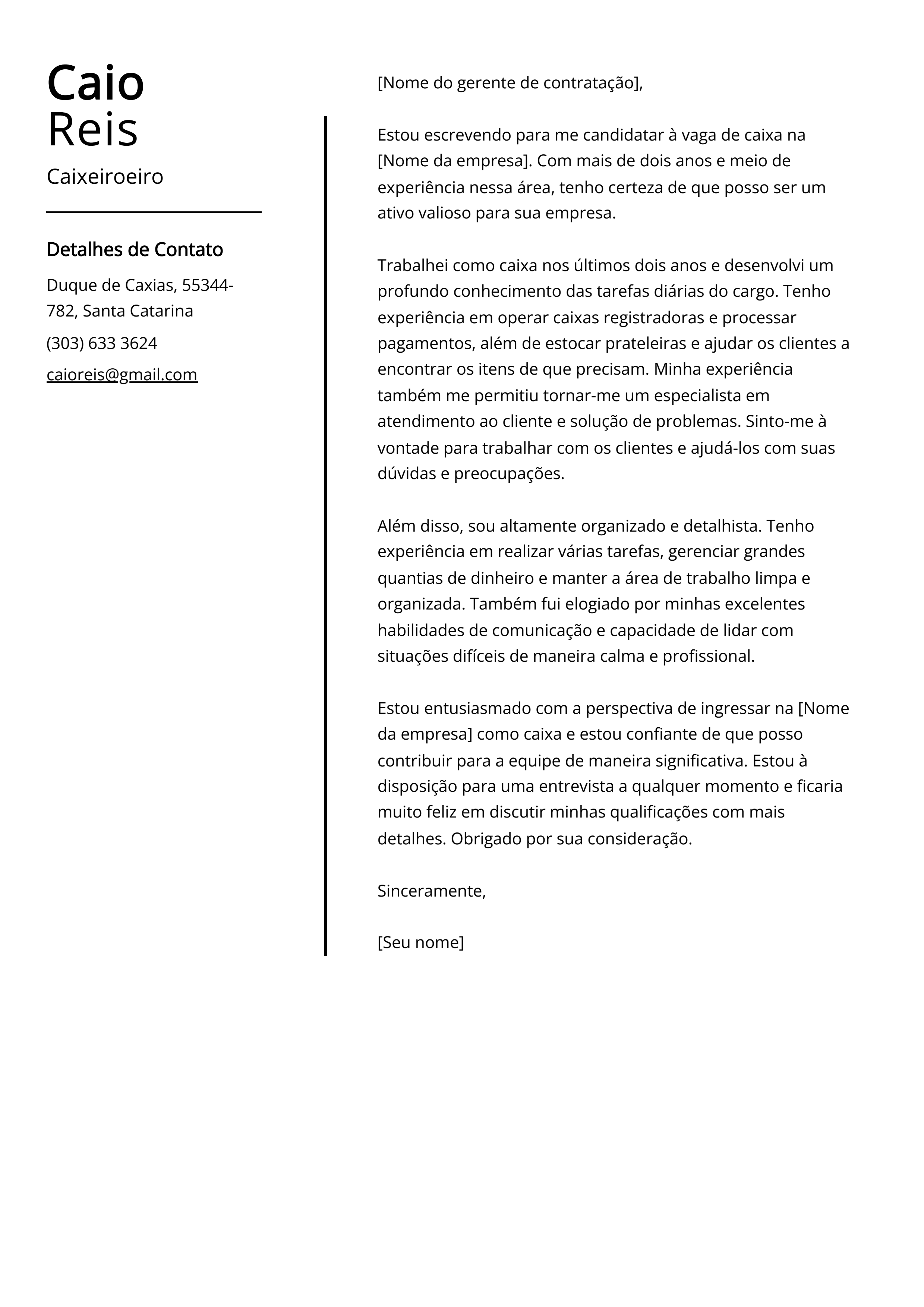 Exemplo de carta de apresentação para Caixeiro