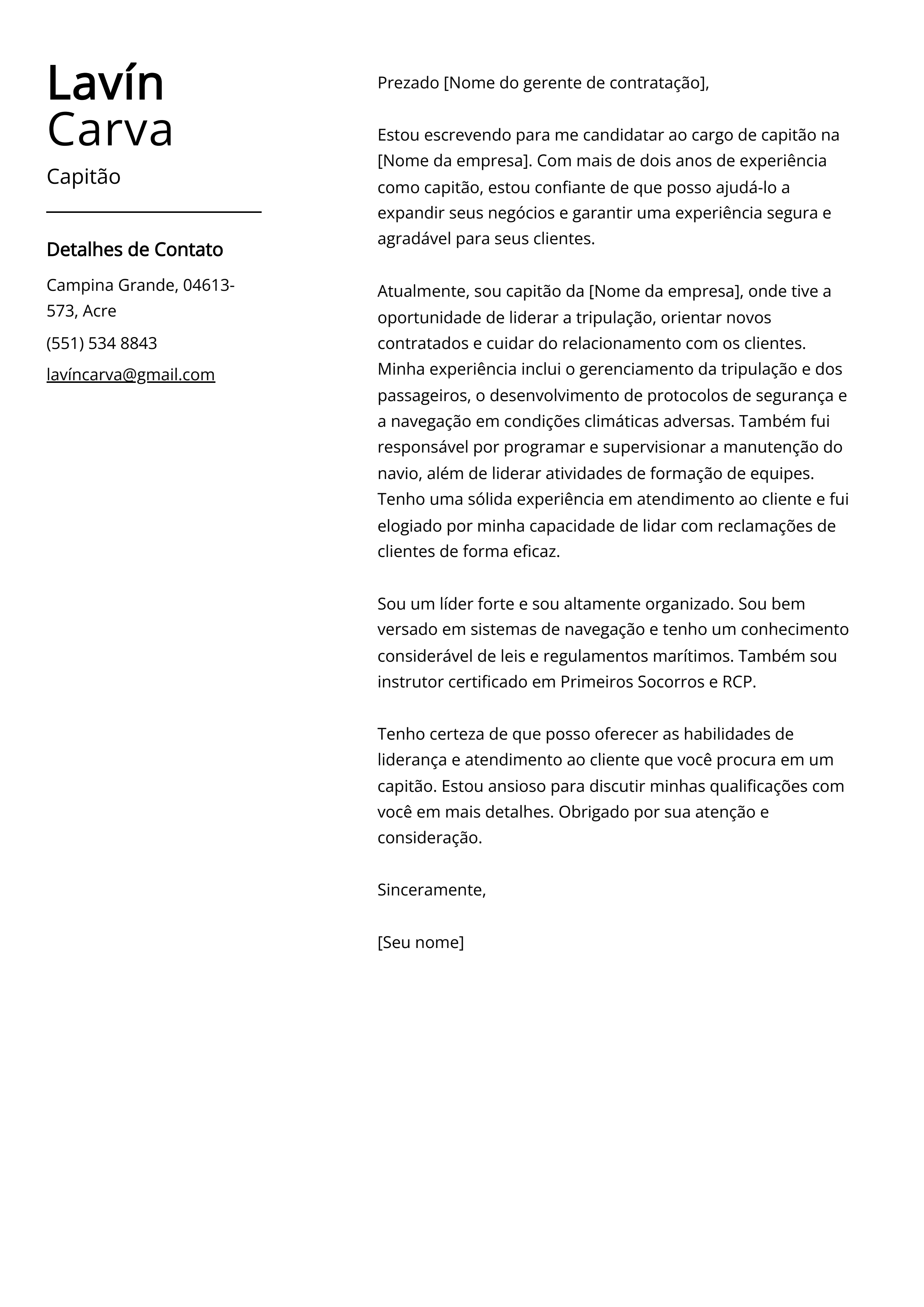 Exemplo de carta de apresentação do Capitão