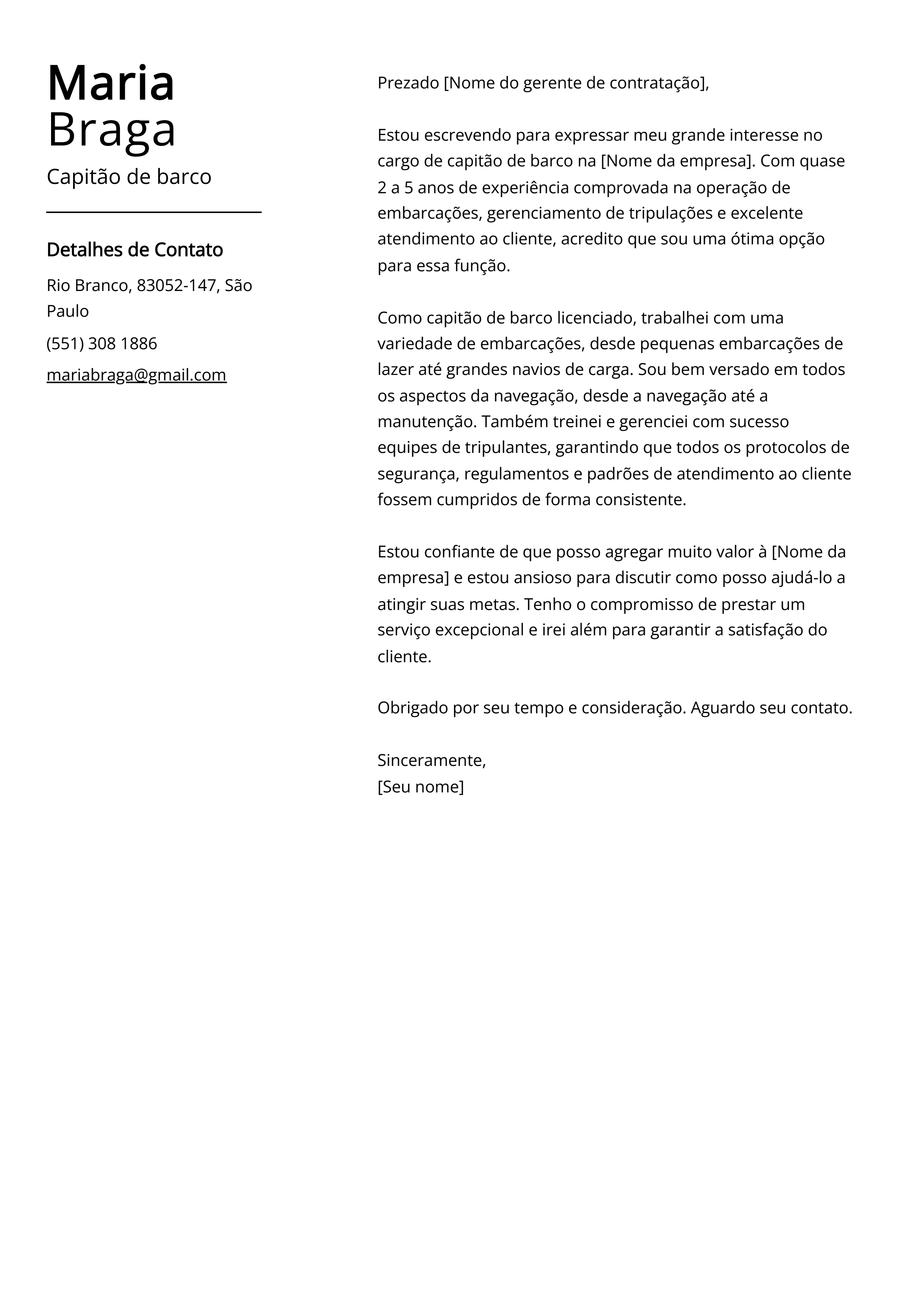 Capitão de barco Cover Letter Example