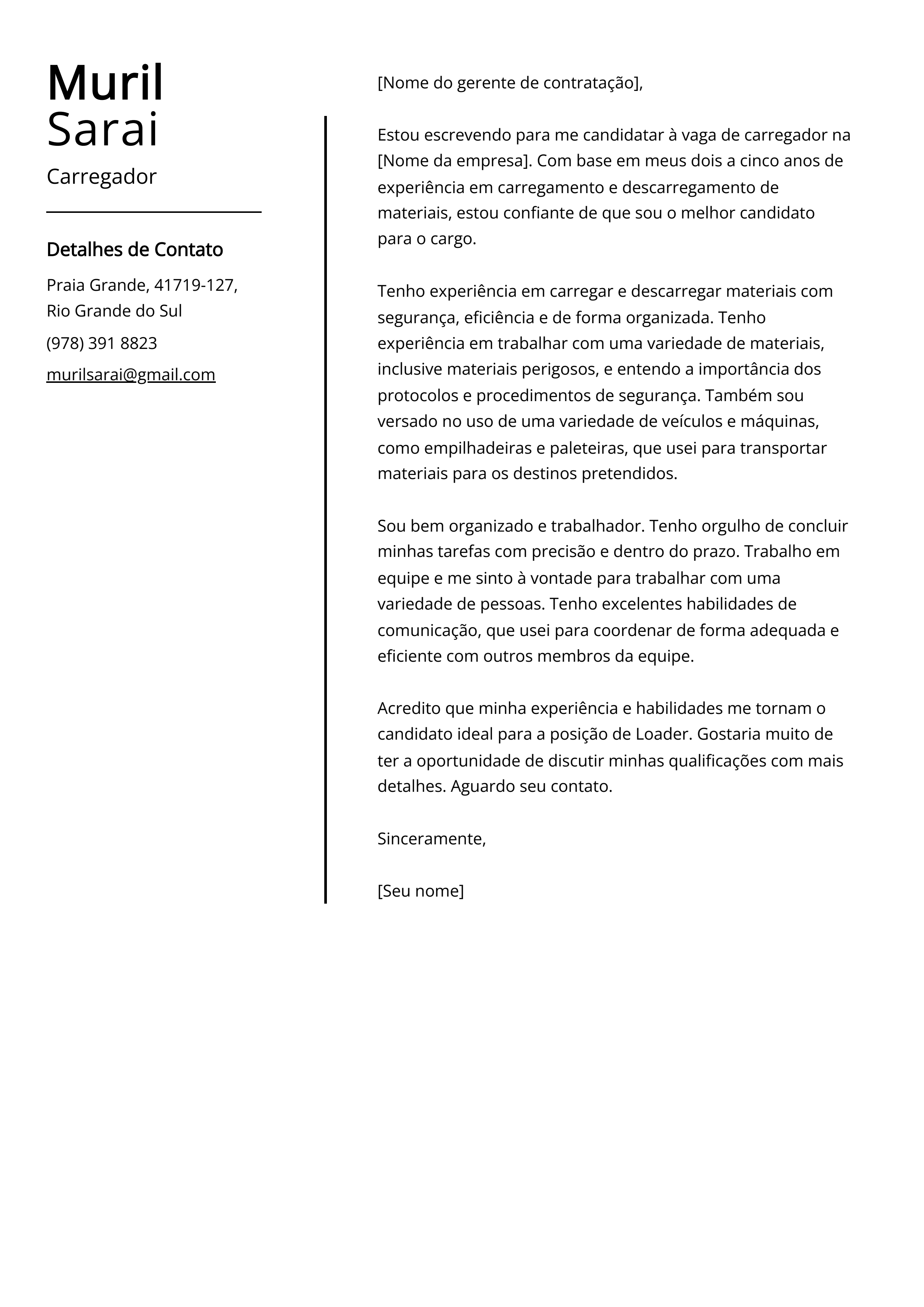 Exemplo de carta de apresentação de carregador