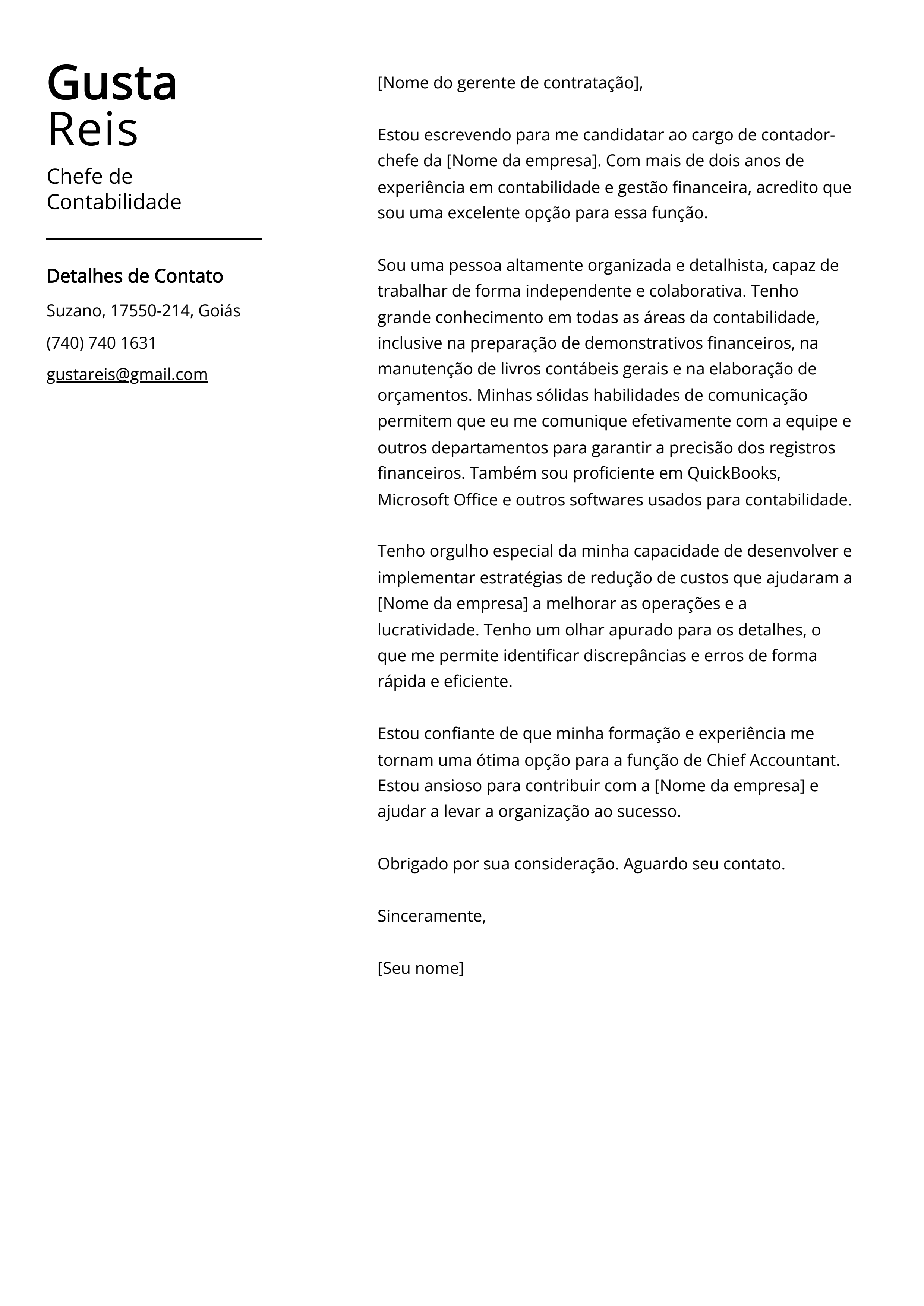 Exemplo de carta de apresentação do Chefe de Contabilidade