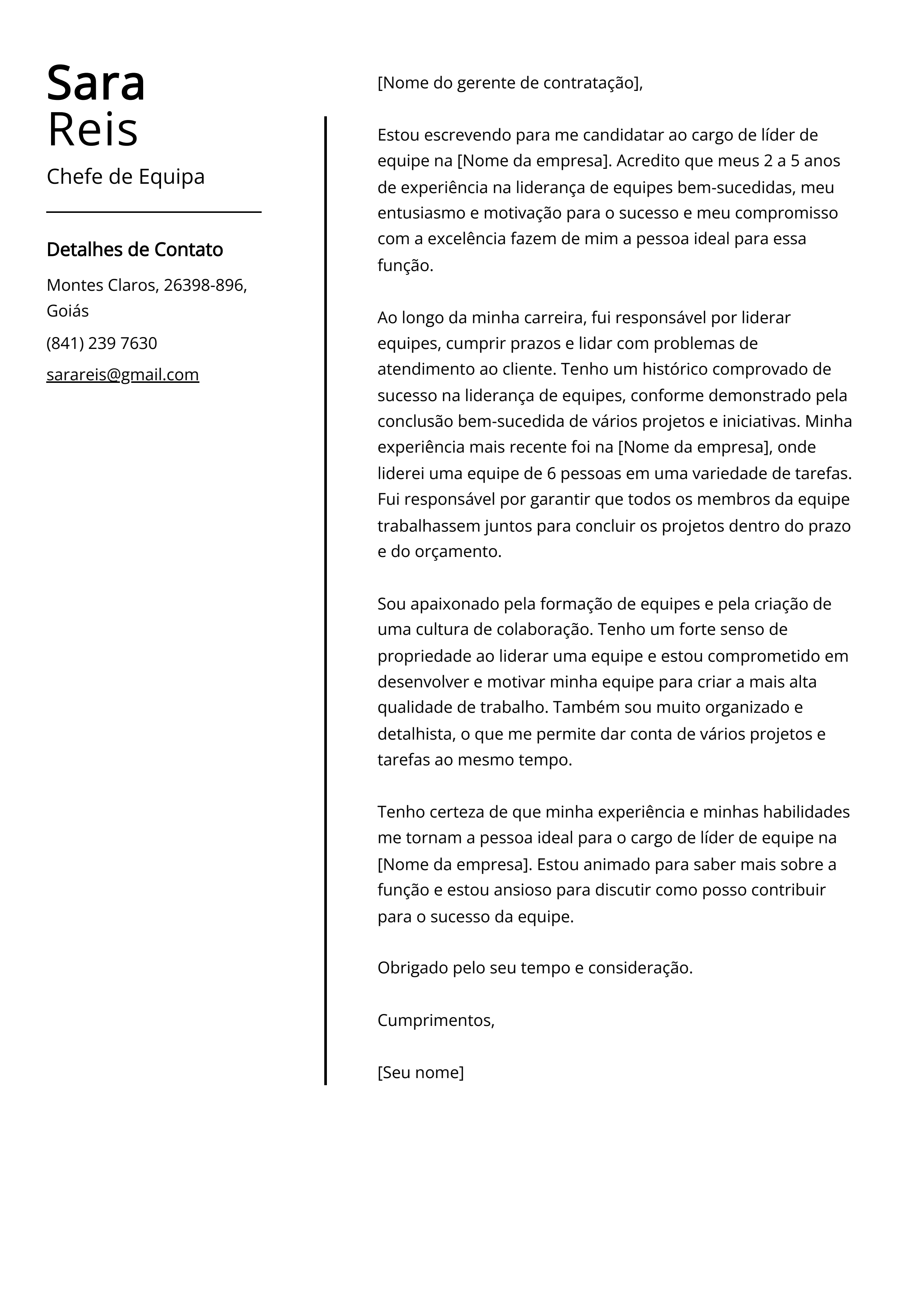 Exemplo de carta de apresentação do Chefe de Equipe