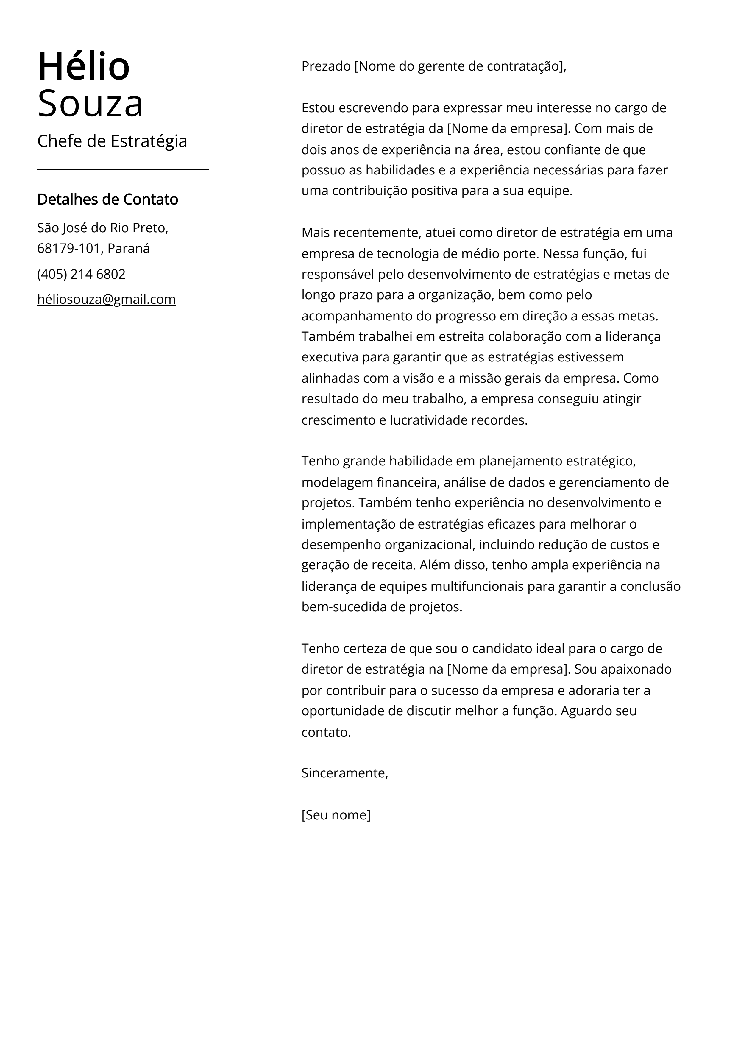 Exemplo de carta de apresentação do Chefe de Estratégia