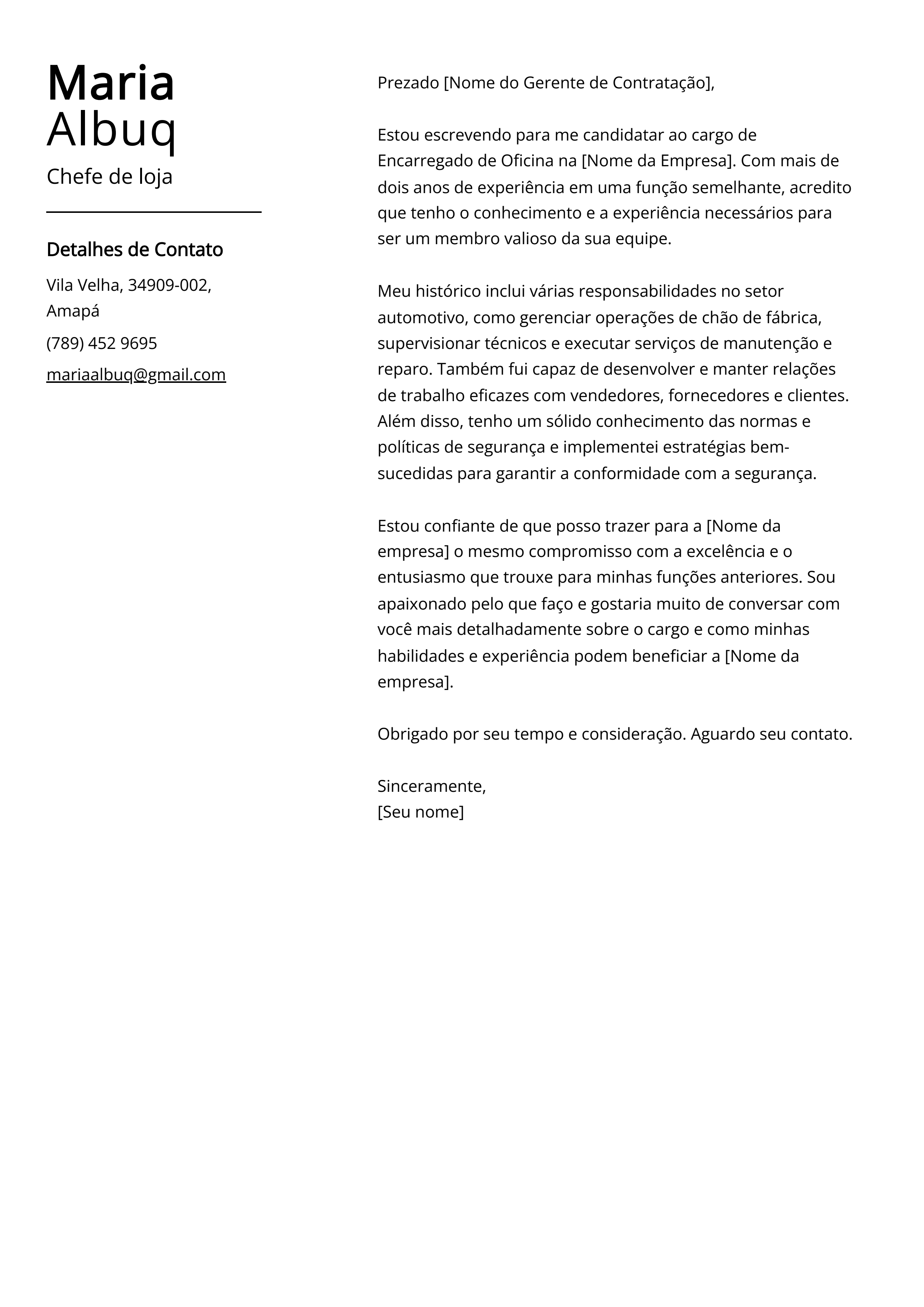 Exemplo de carta de apresentação de chefe de loja