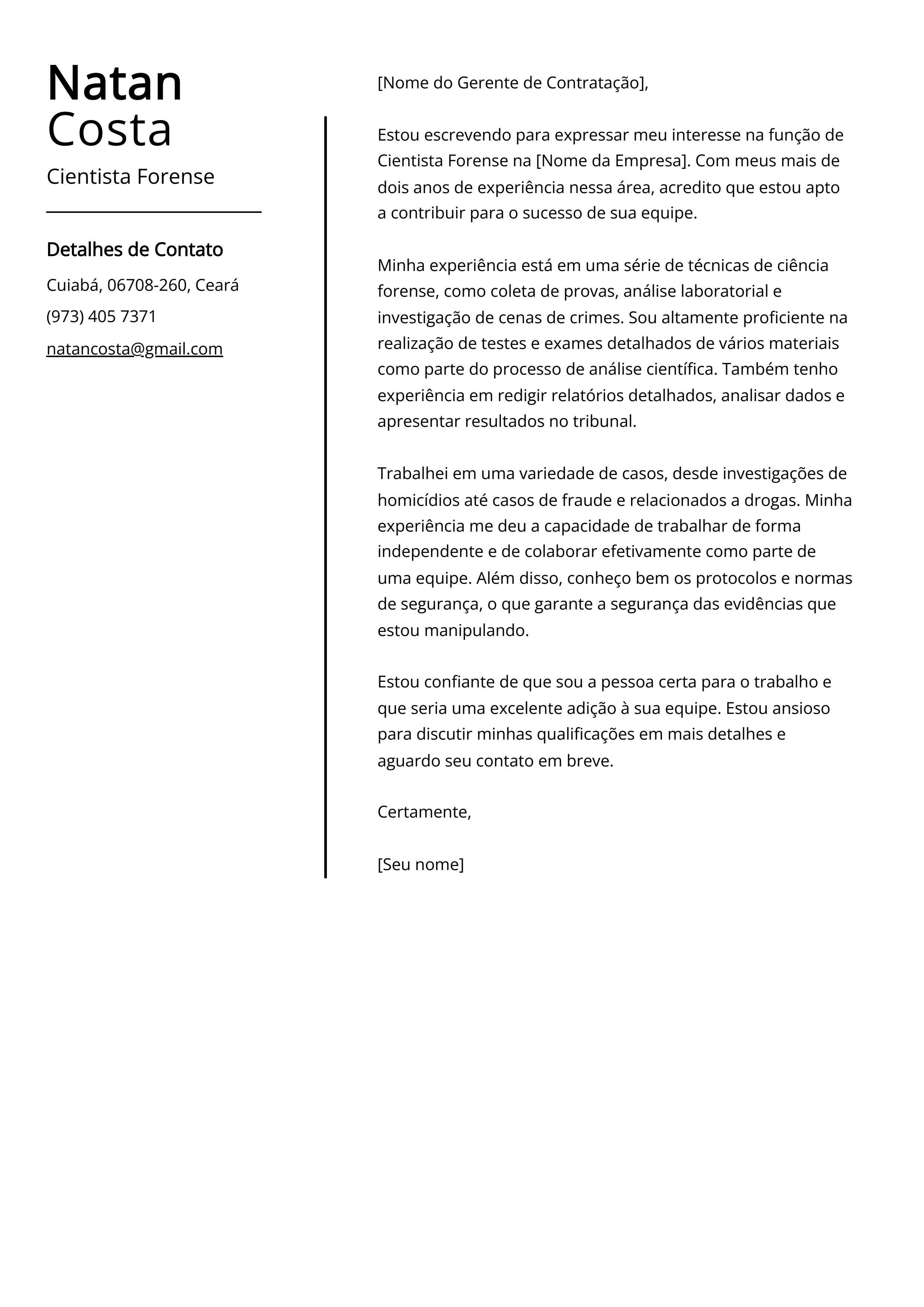 Exemplo de Carta de Apresentação de Cientista Forense