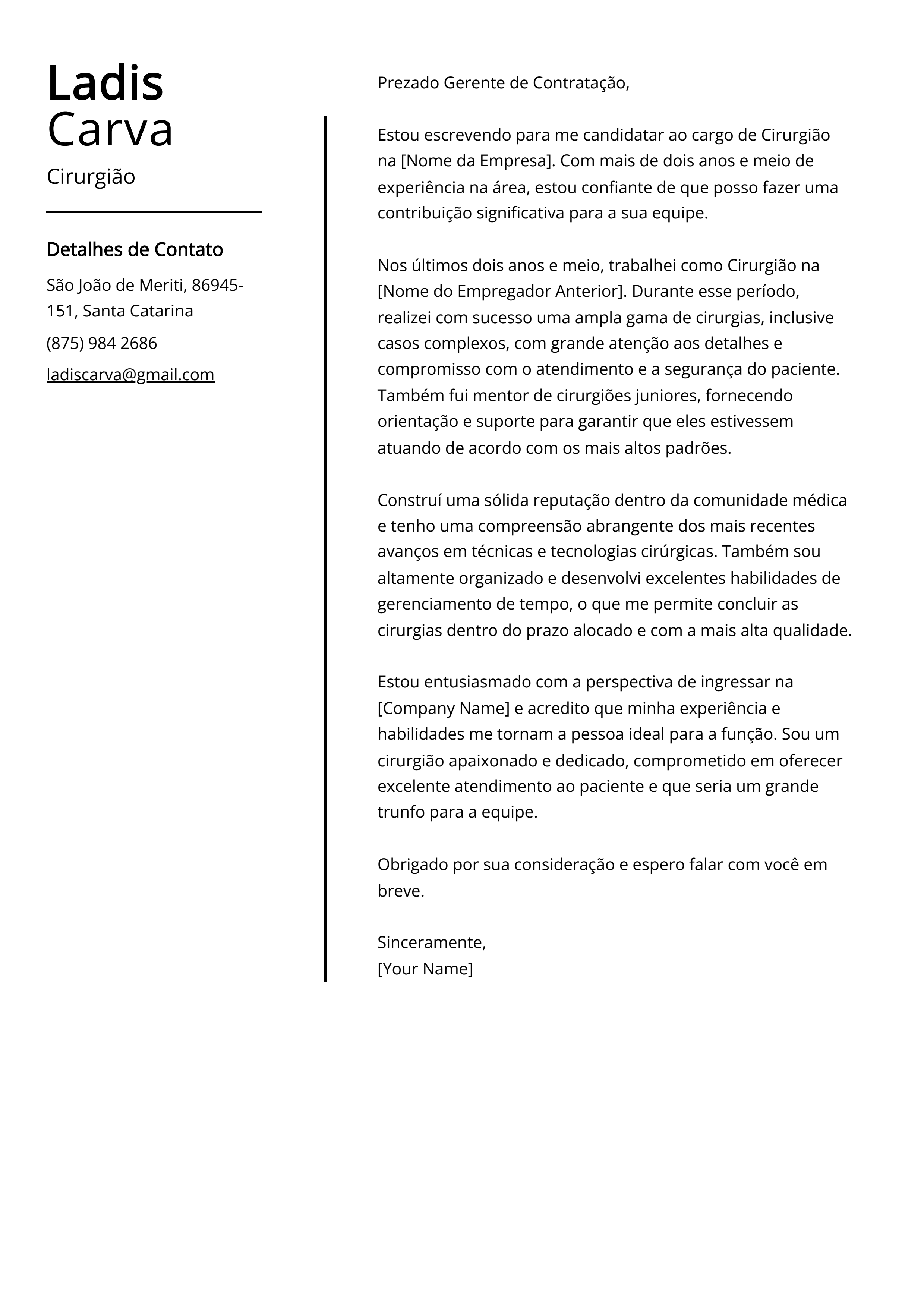 Exemplo de carta de apresentação de Cirurgião