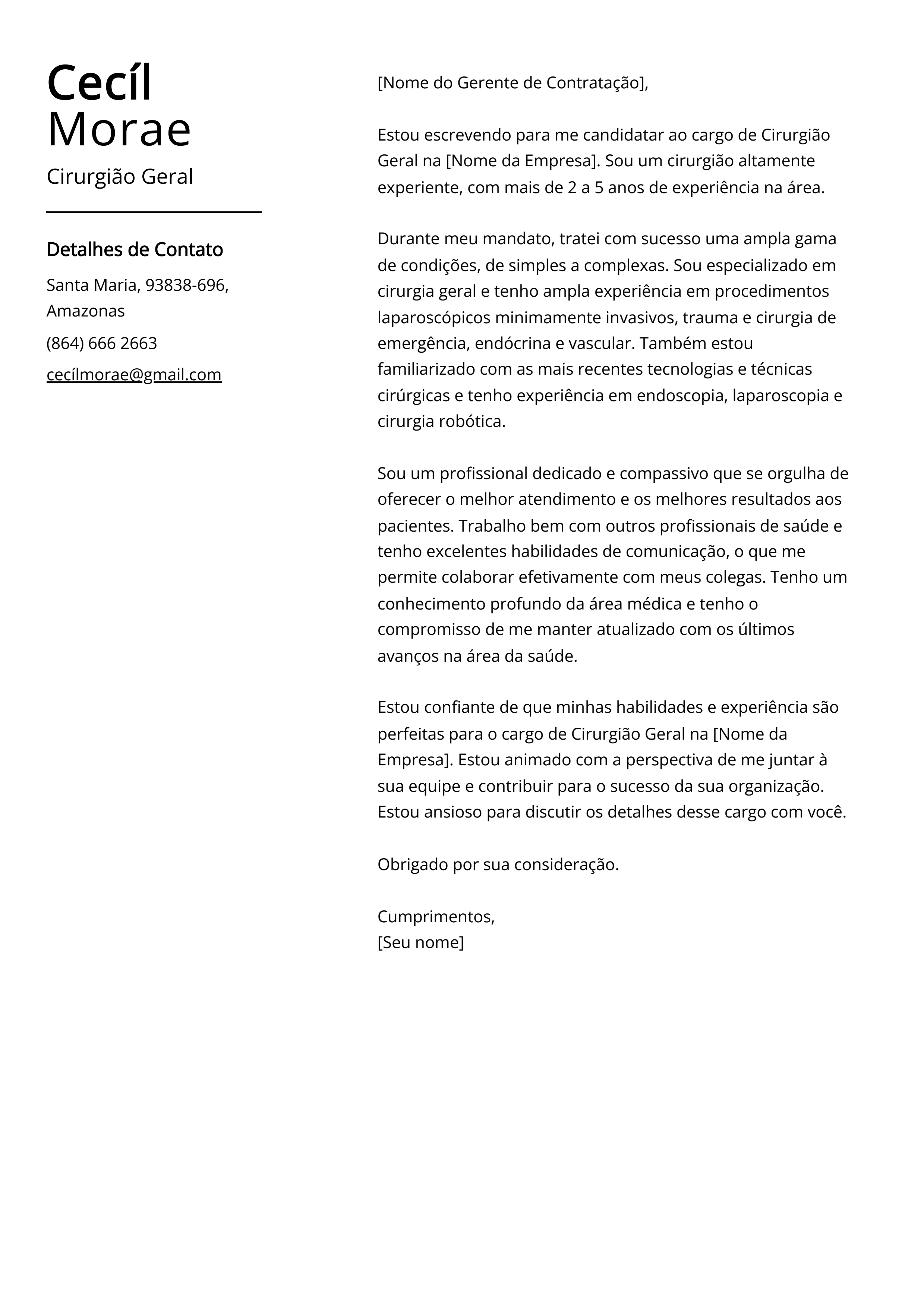 Exemplo de carta de apresentação da Cirurgião Geral