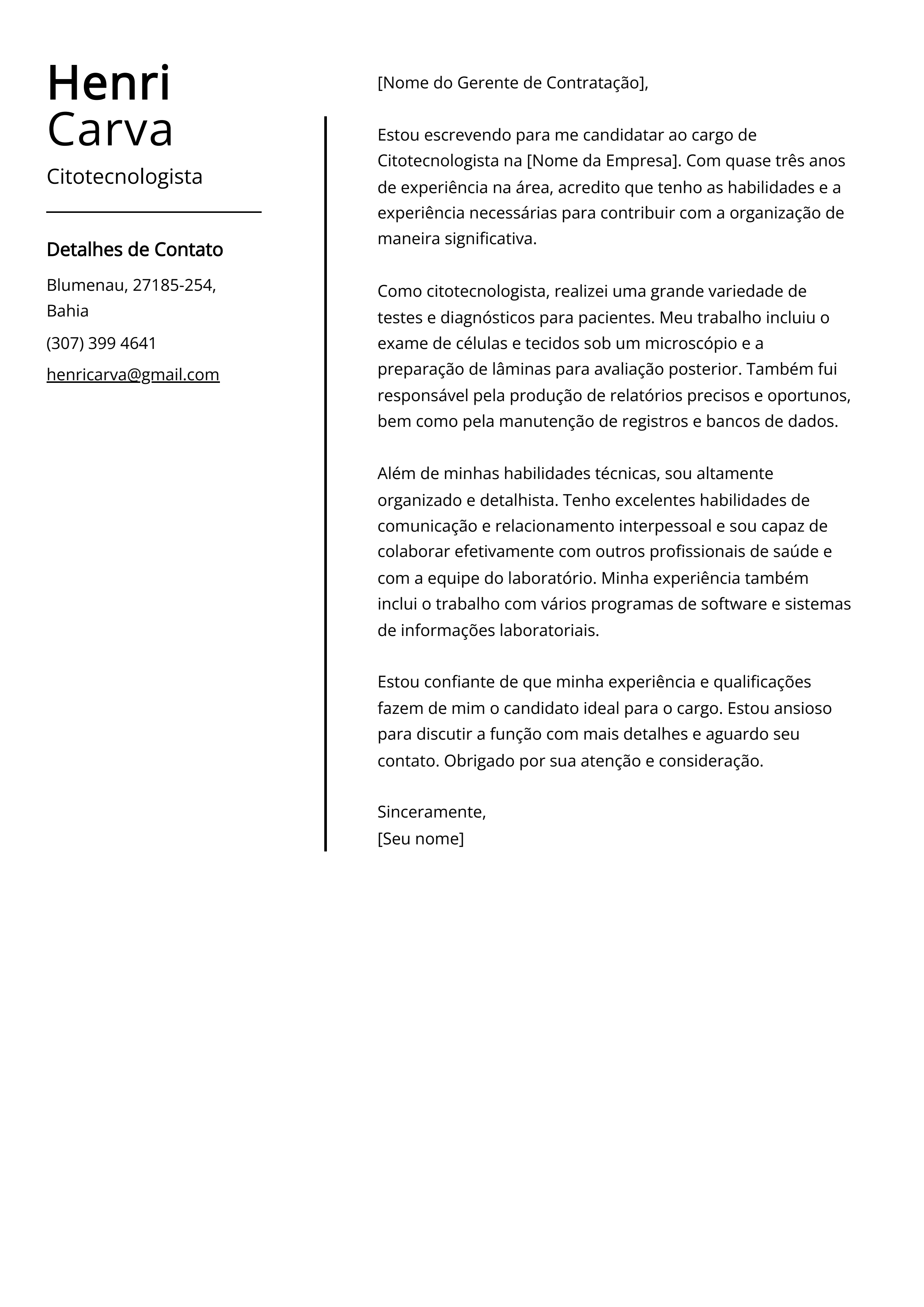 Exemplo de Carta de Apresentação de Citotecnologista