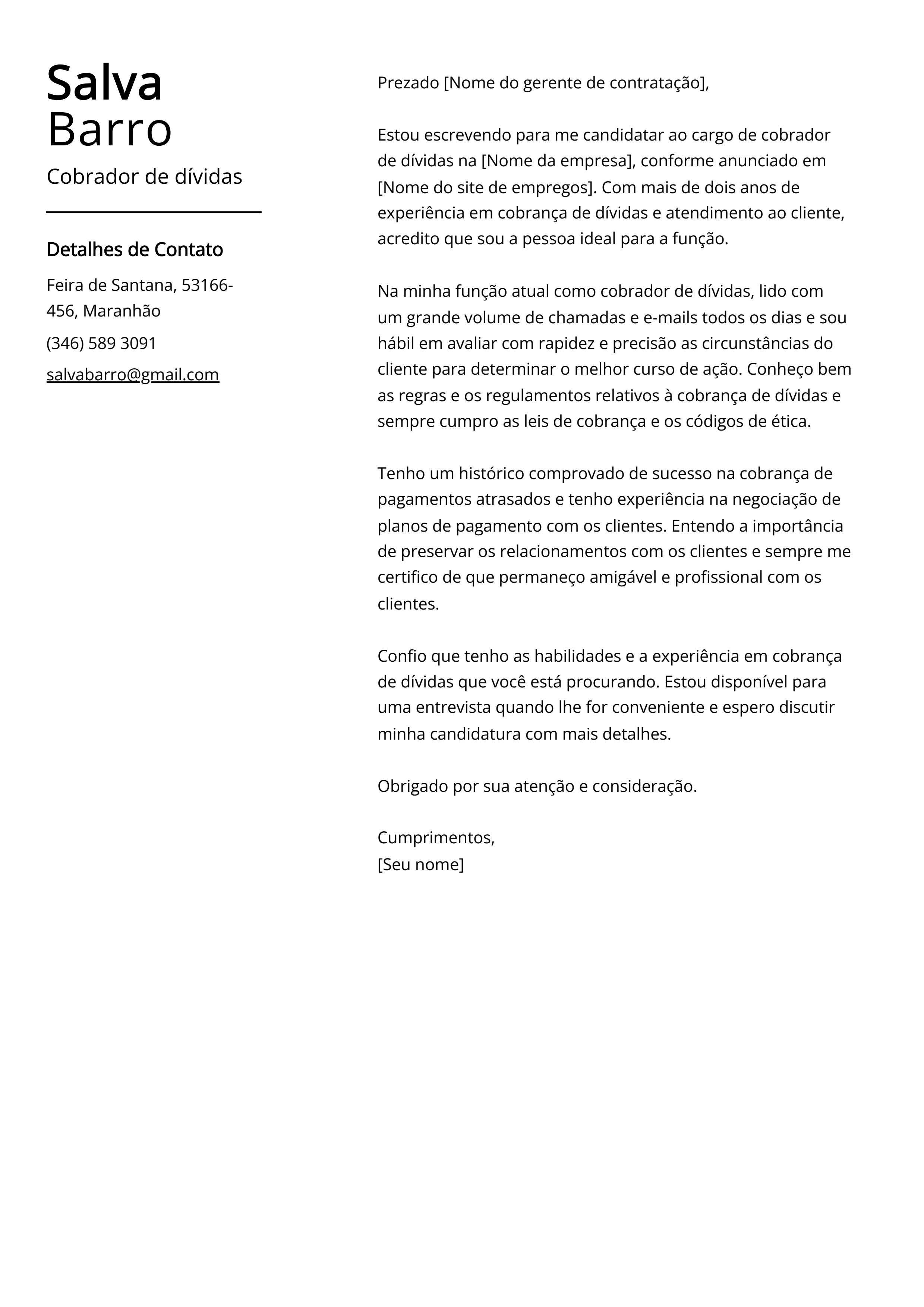 Exemplo de carta de apresentação do Cobrador de dívidas