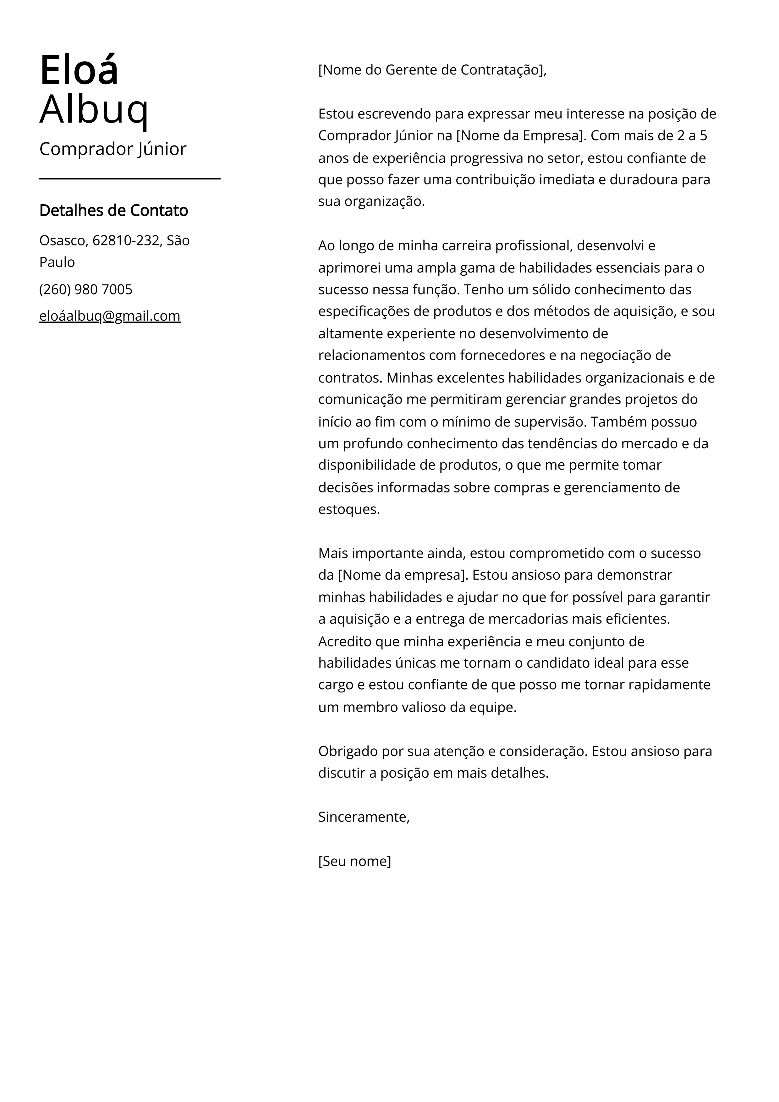 Exemplo de carta de apresentação do Comprador Júnior