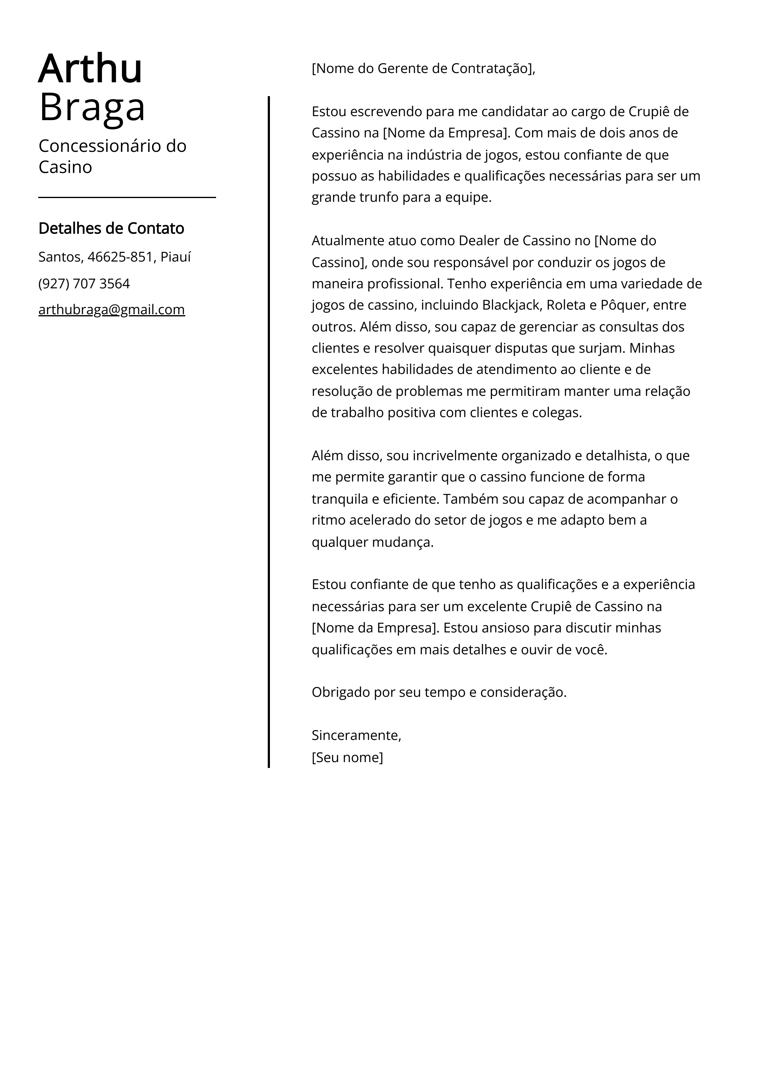 Exemplo de carta de apresentação do Concessionário do Cassino