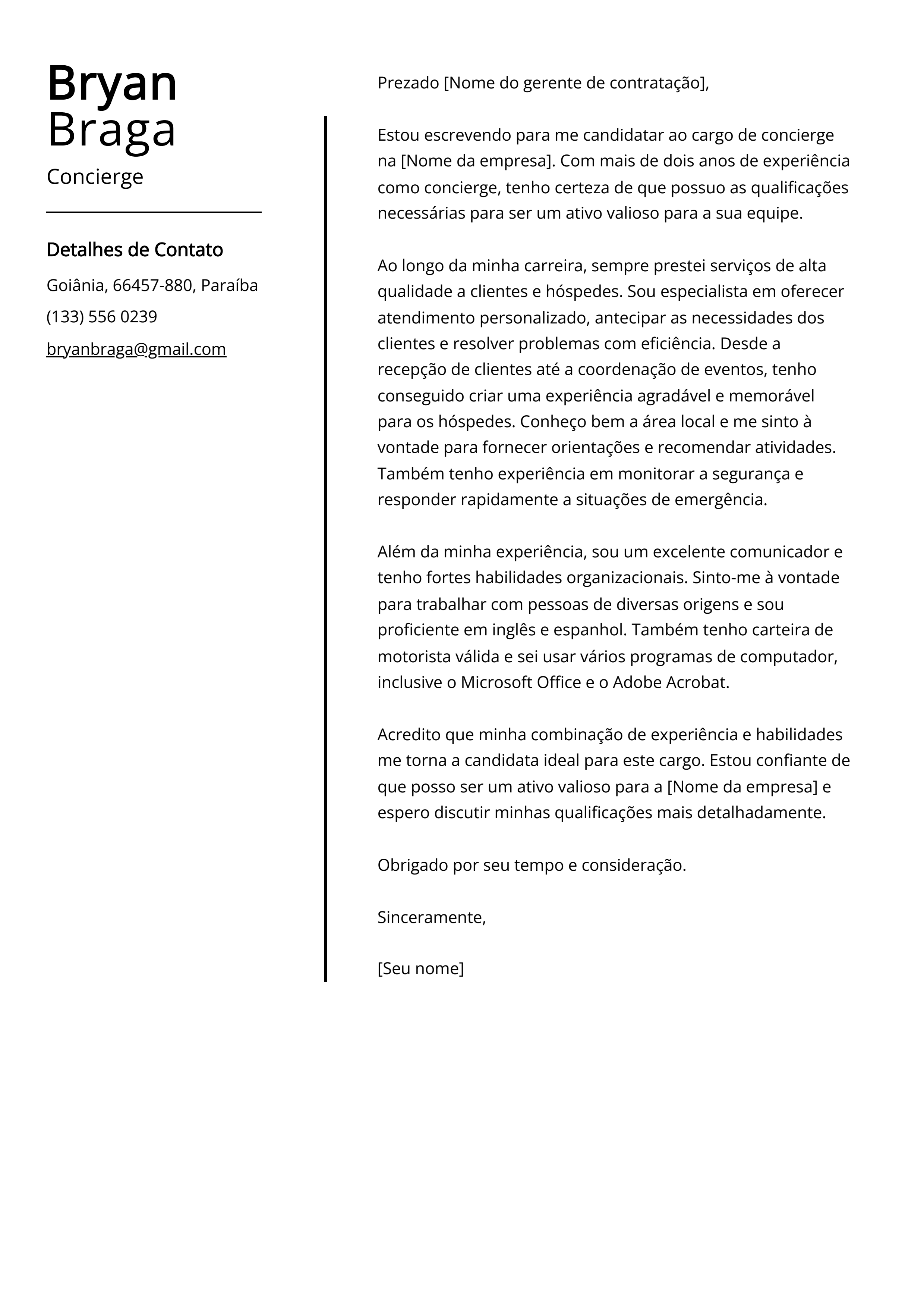 Exemplo de carta de apresentação Concierge