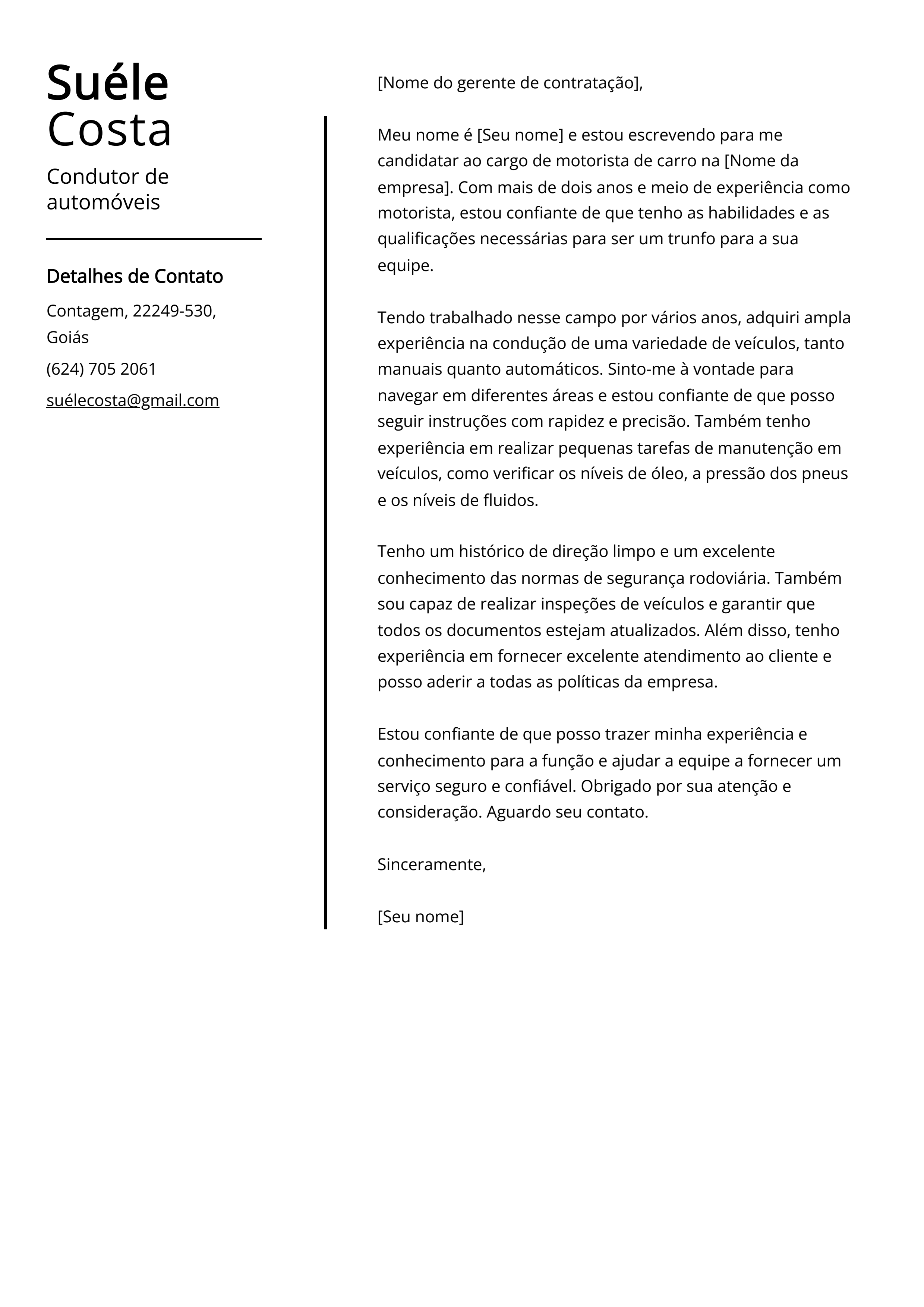 Exemplo de Carta de Apresentação de Condutor de Automóveis