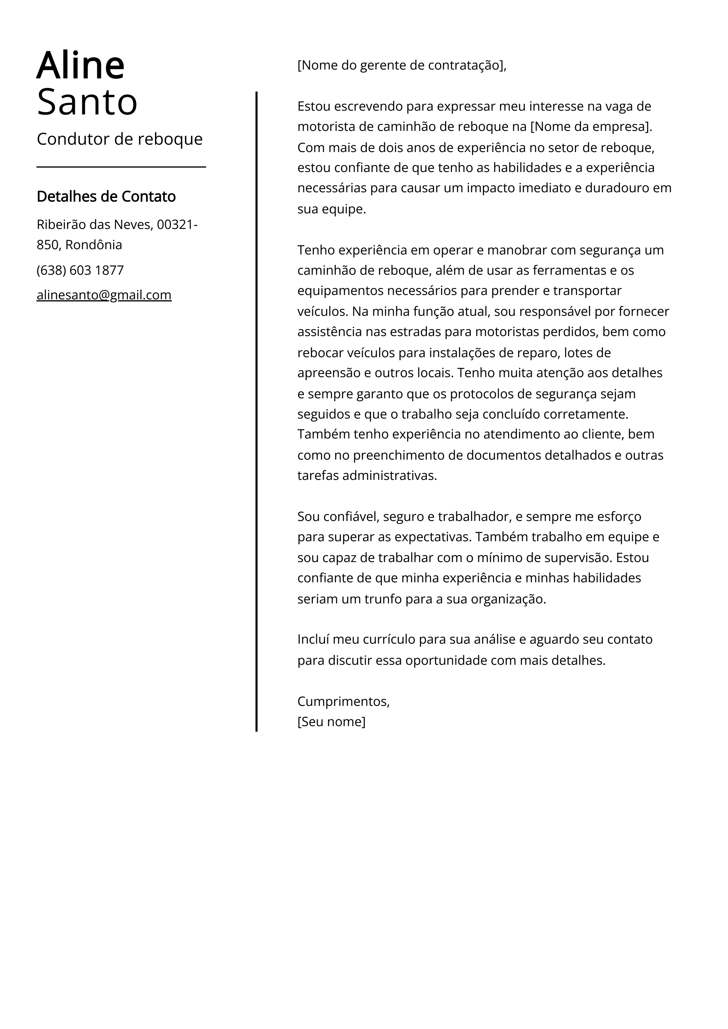 Exemplo de carta de apresentação do condutor de reboque