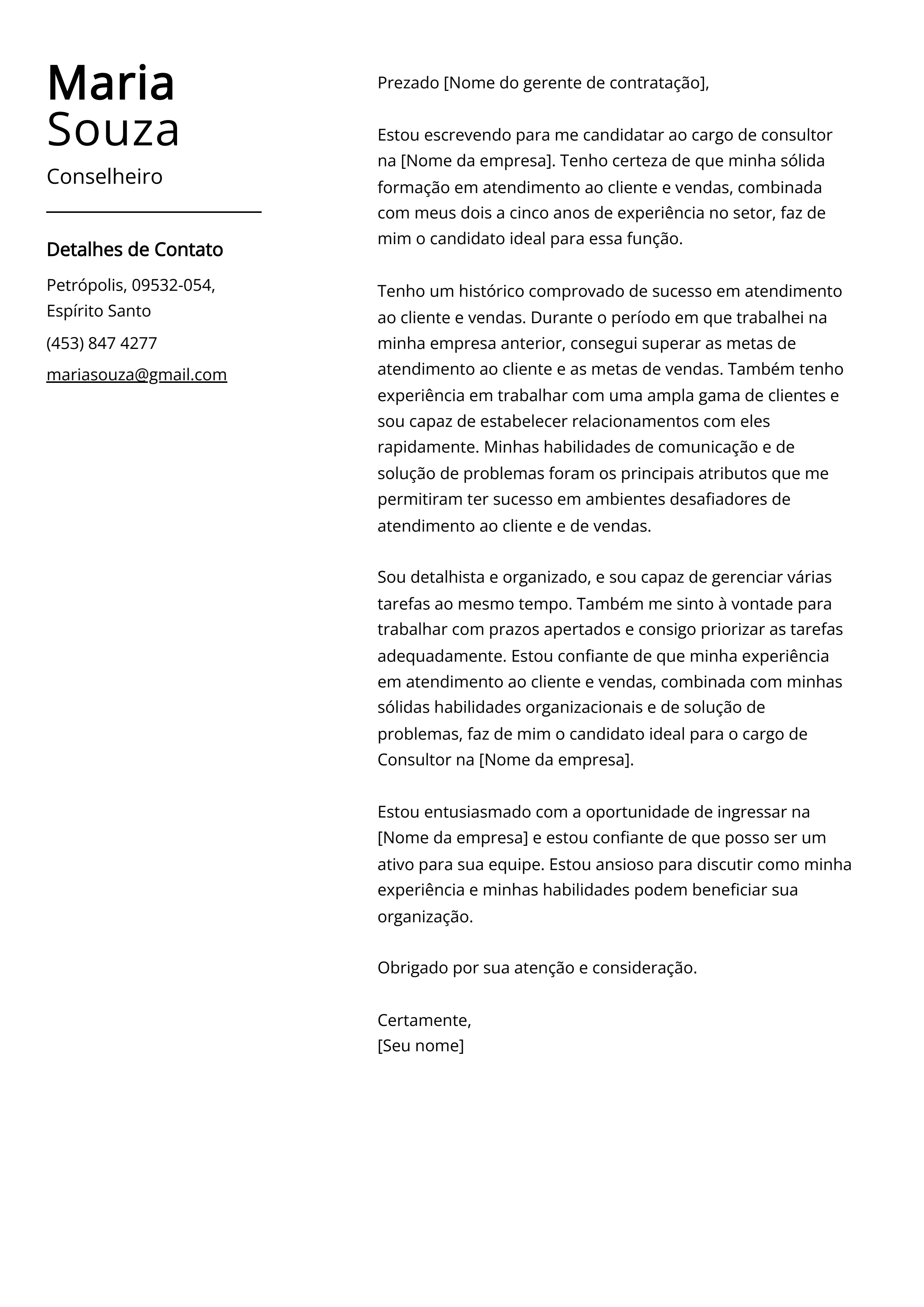 Exemplo de Carta de Apresentação de Conselheiro