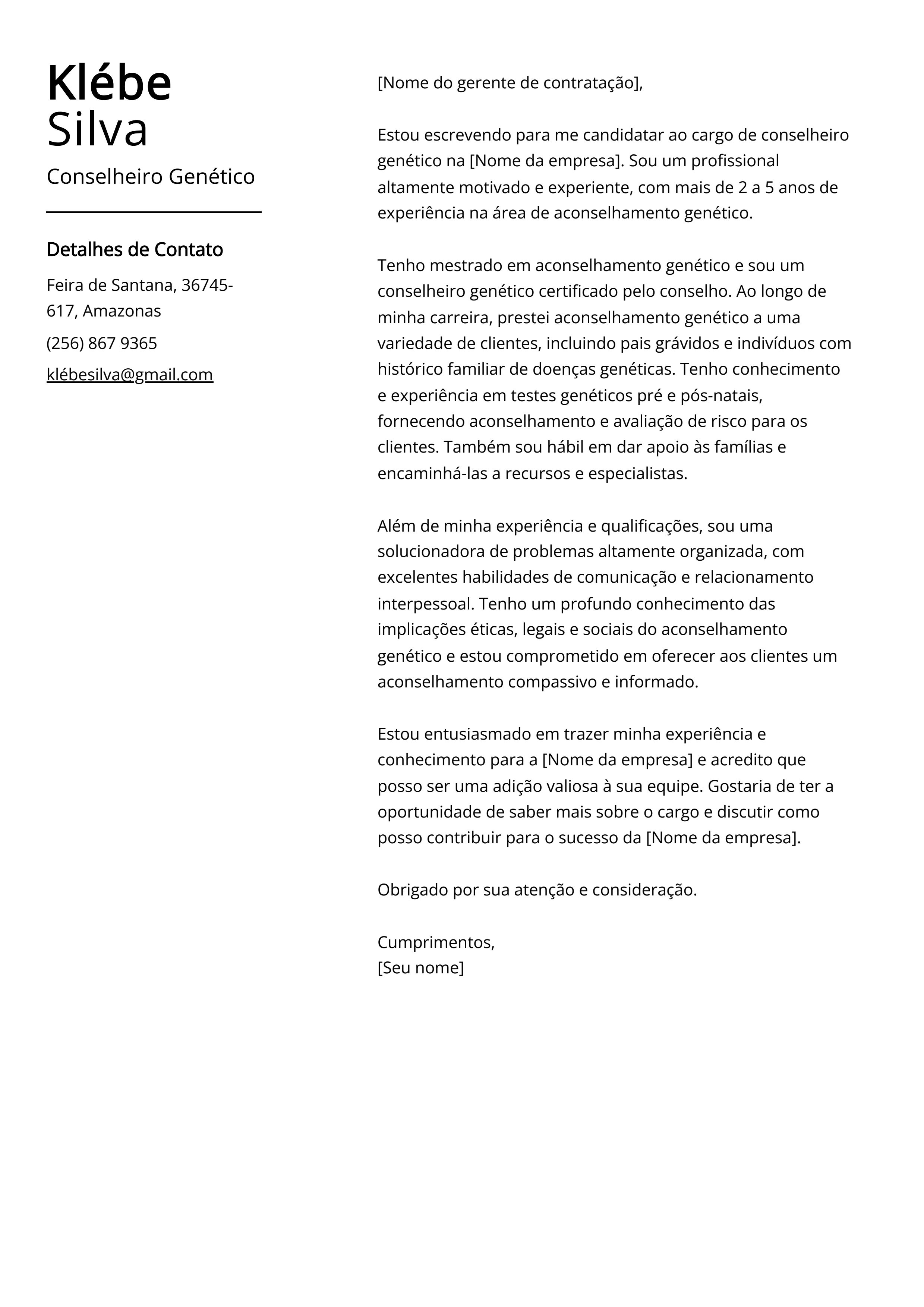 Exemplo de Carta de Apresentação de Conselheiro Genético