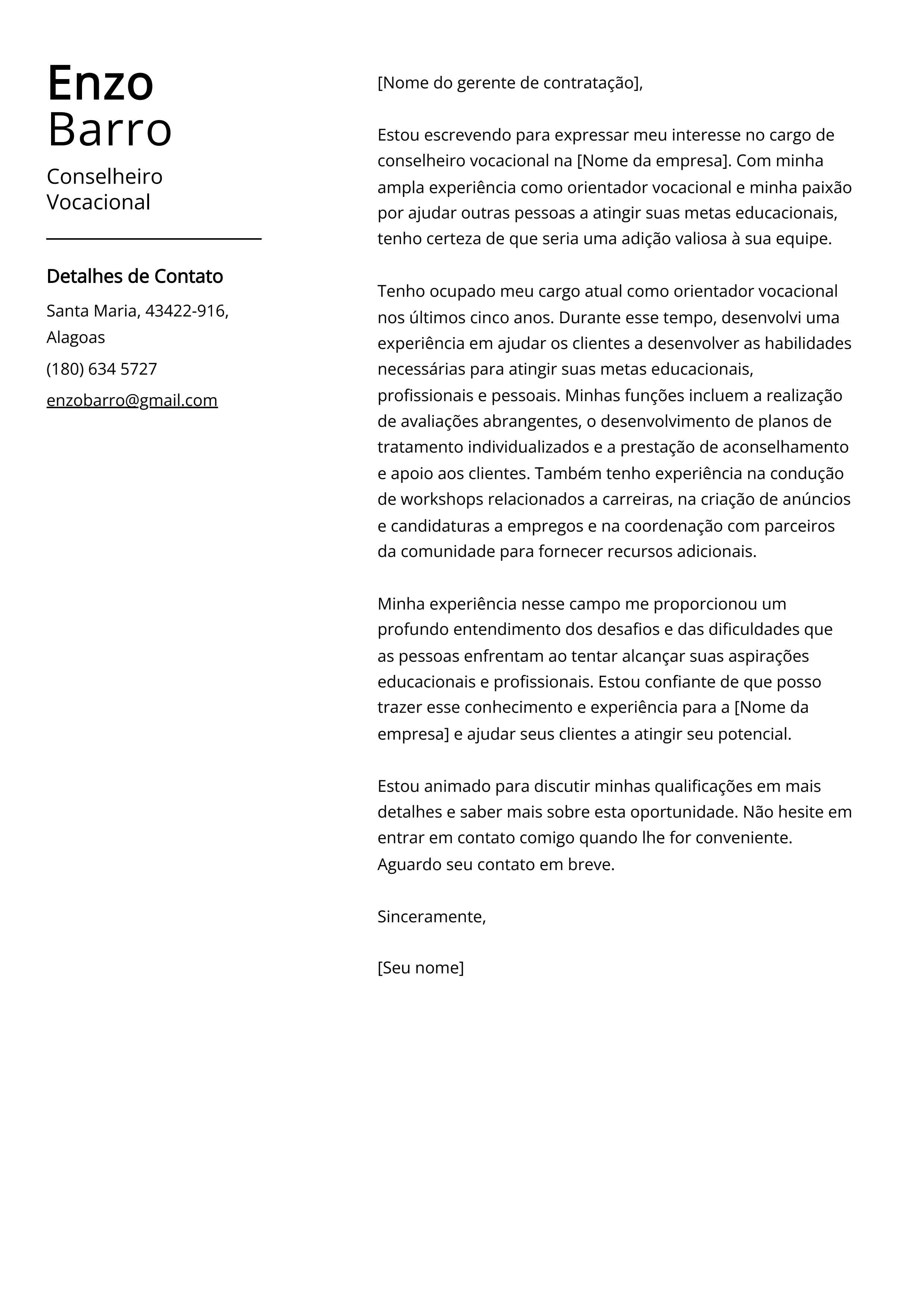 Exemplo de Carta de Apresentação de Conselheiro Vocacional