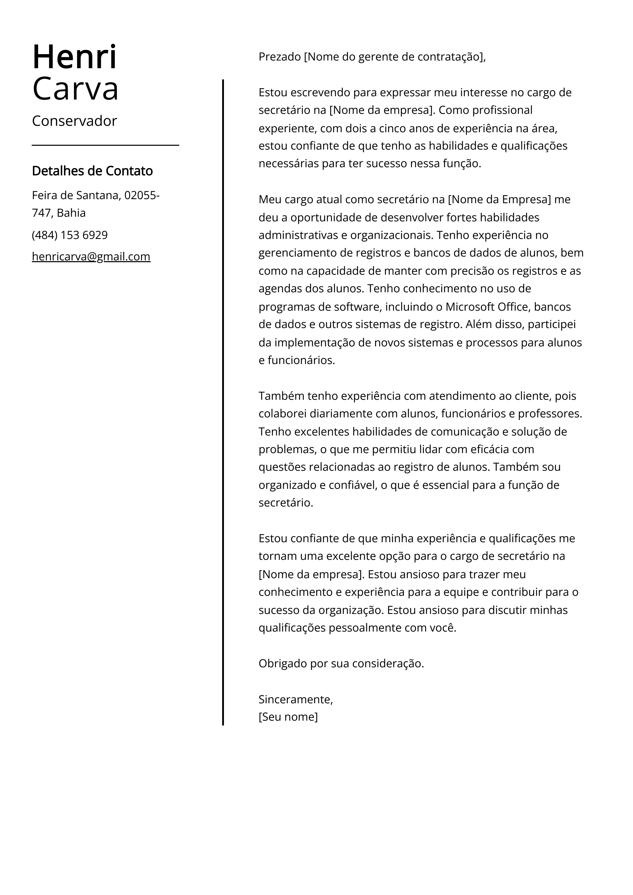 Exemplo de carta de apresentação de conservador