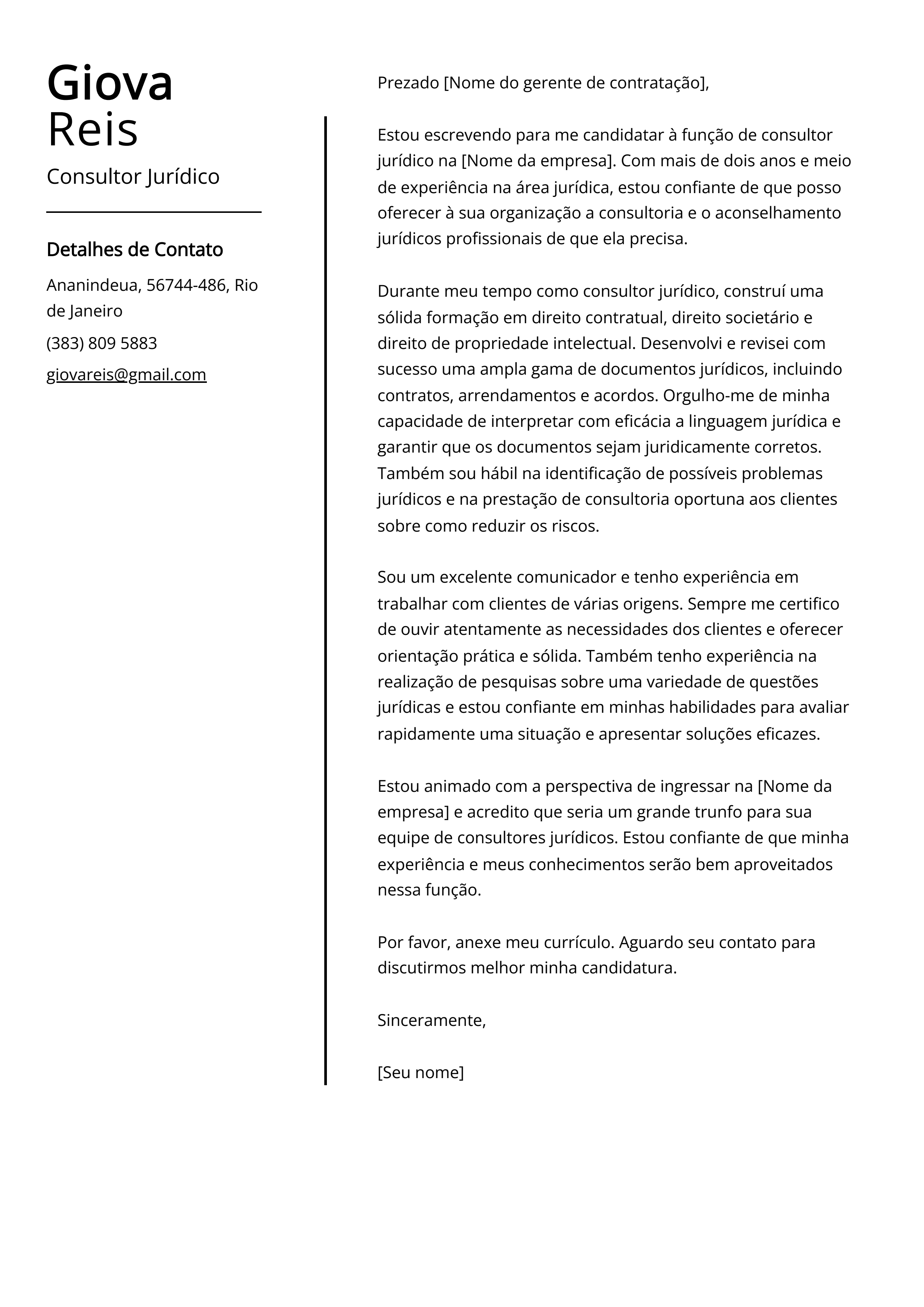 Exemplo de carta de apresentação do Consultor Jurídico