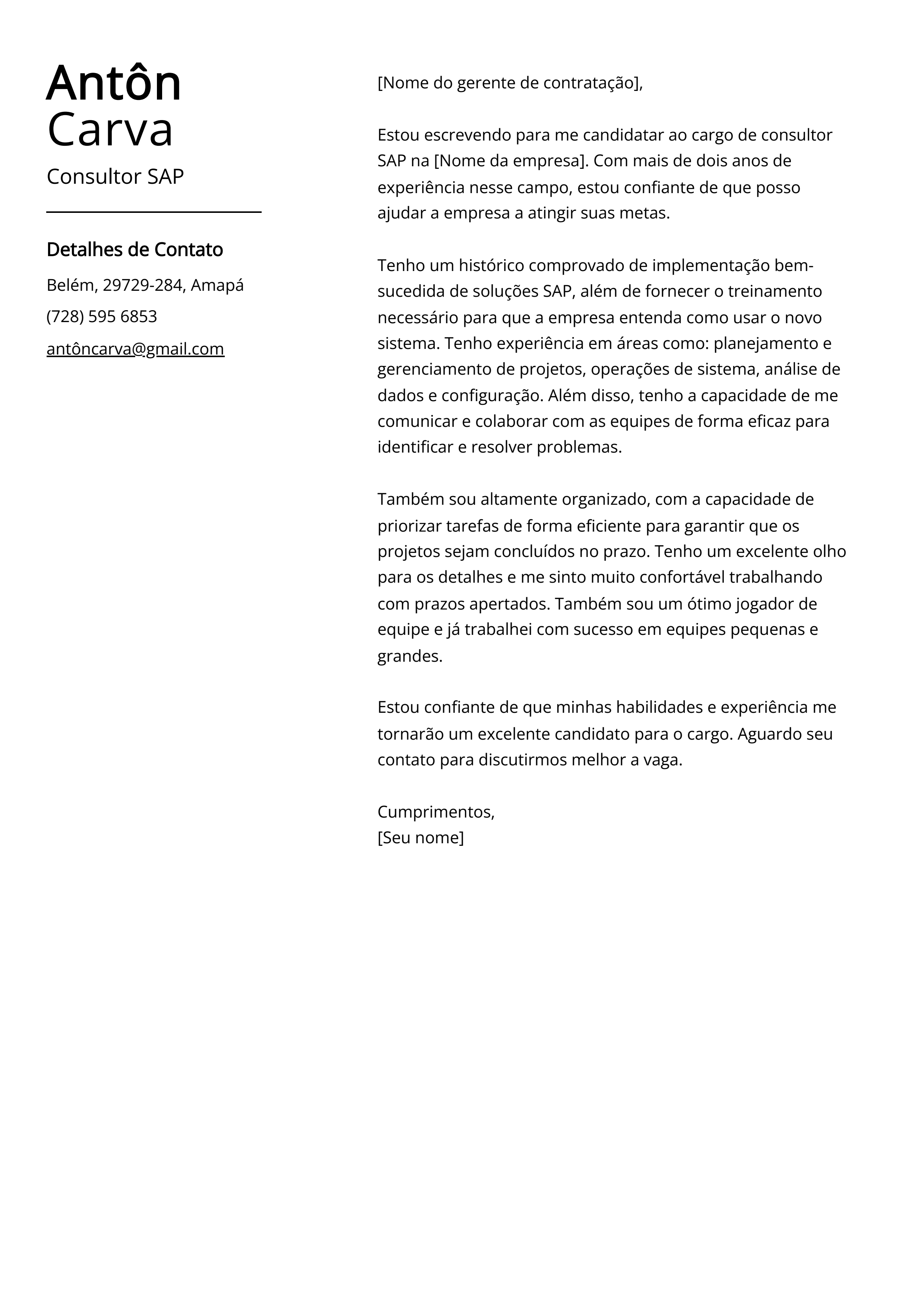 Exemplo de carta de apresentação do Consultor SAP