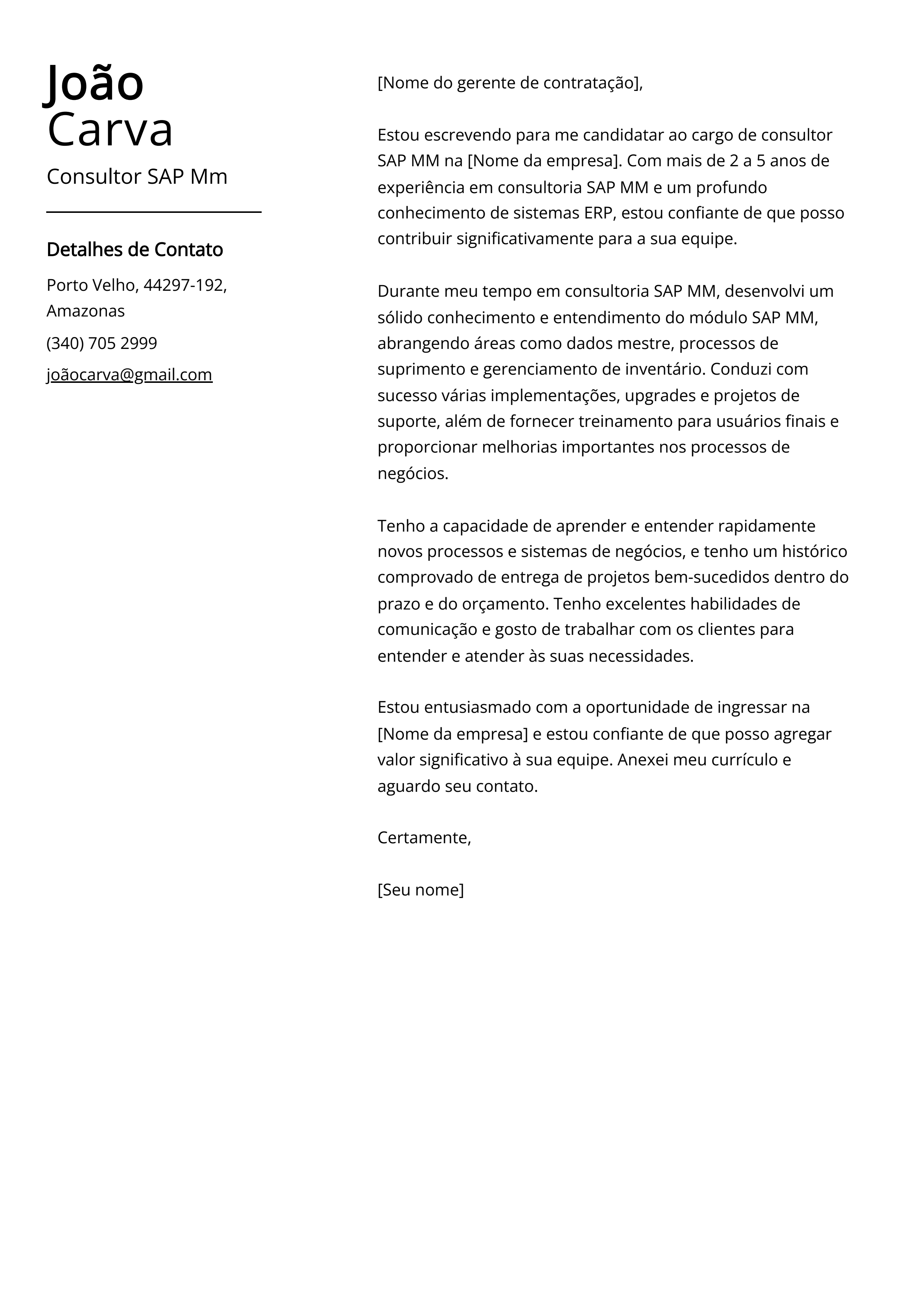 Exemplo de carta de apresentação do Consultor SAP Mm