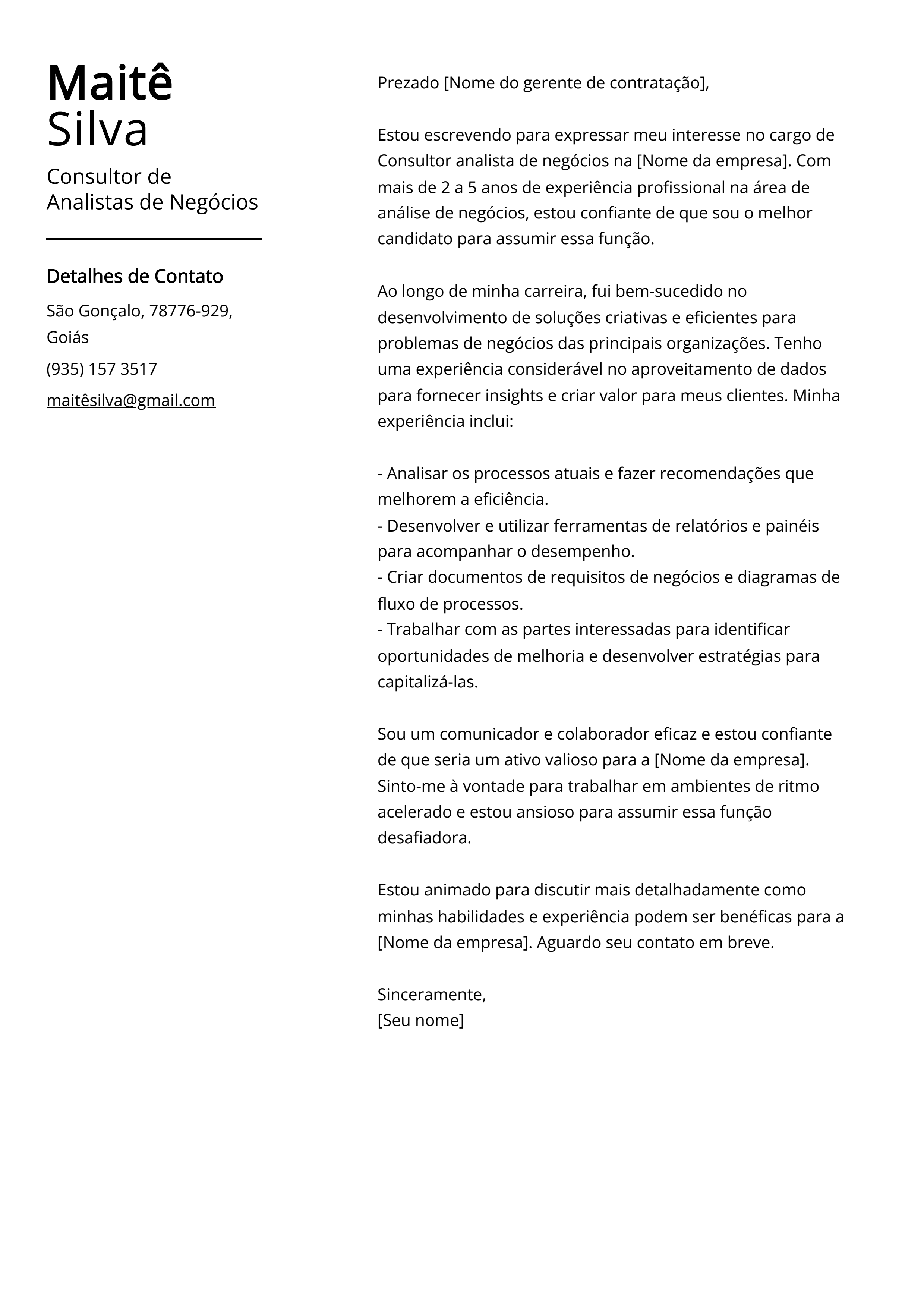 Exemplo de Carta de Apresentação de Consultor de Analistas de Negócios