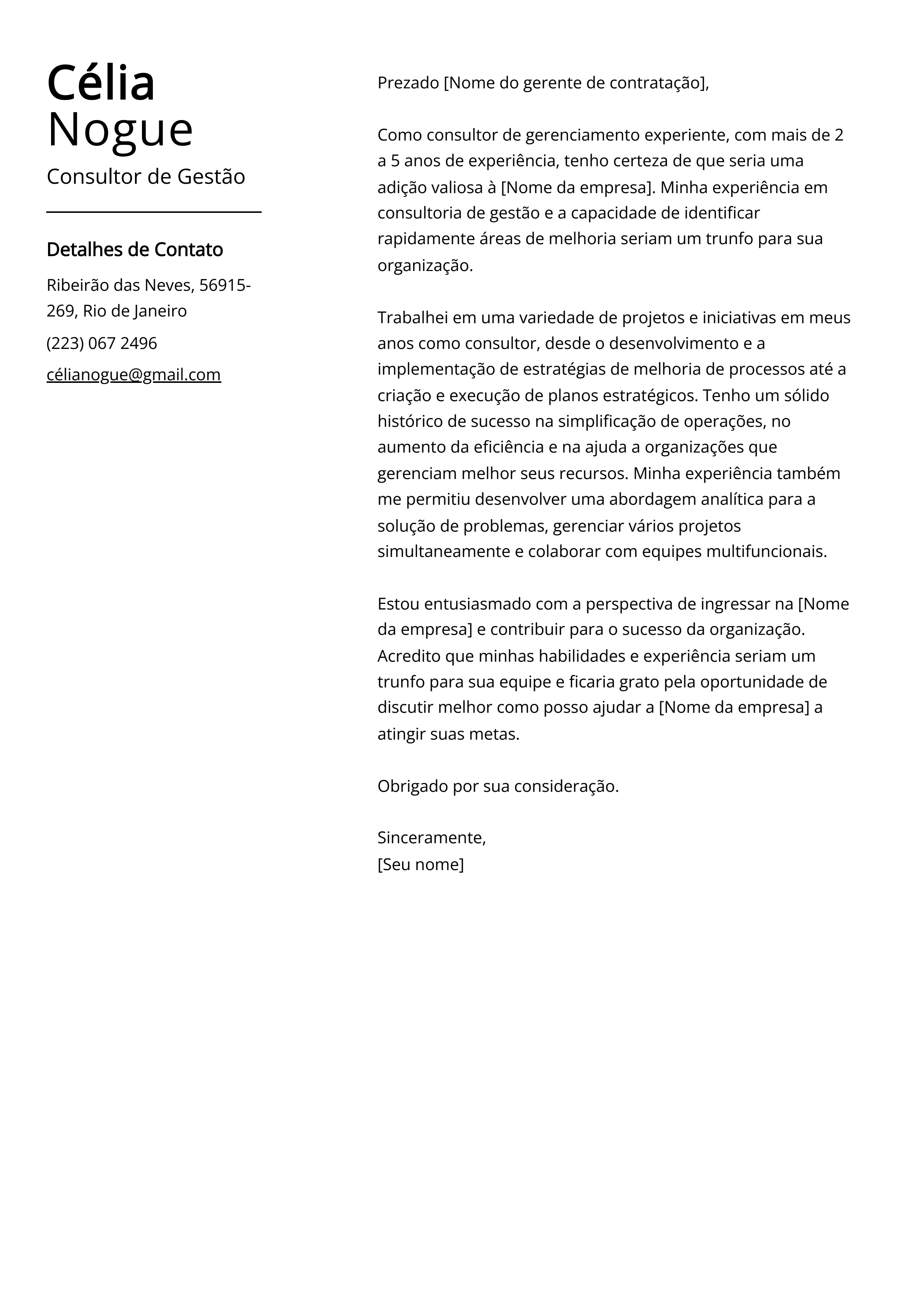 Exemplo de Carta de Apresentação de Consultor de Gestão