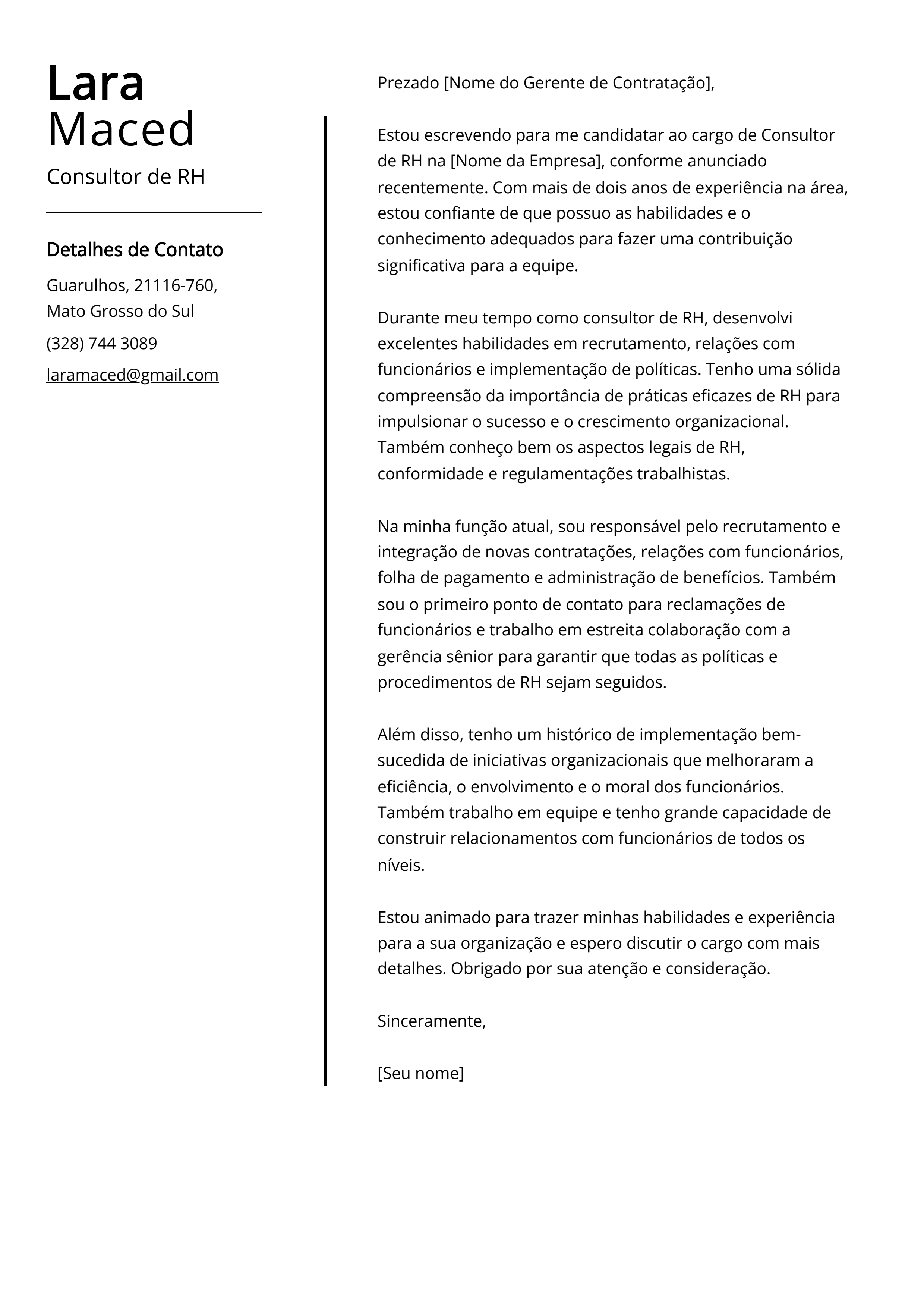 Exemplo de carta de apresentação do Consultor de RH