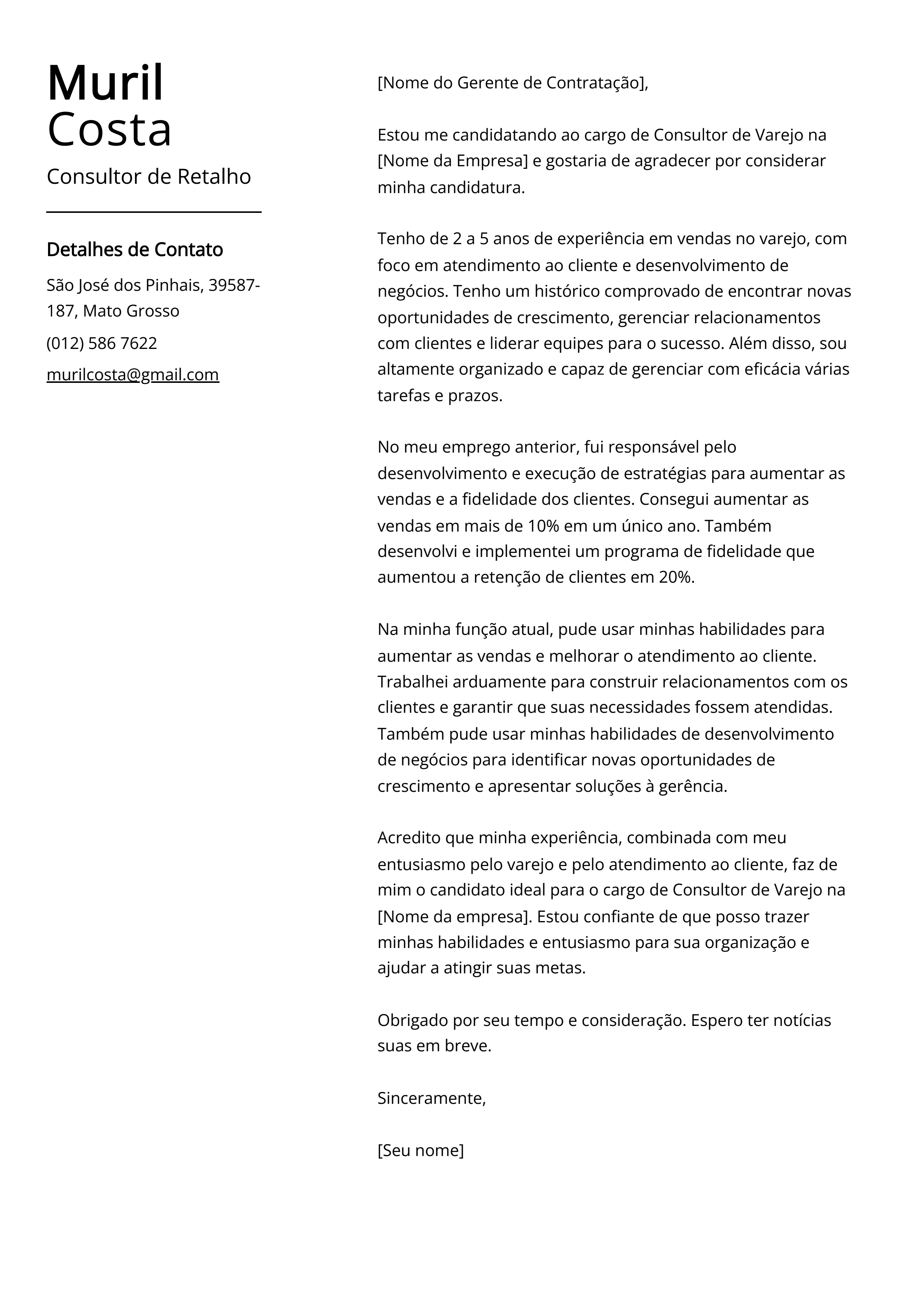 Exemplo de Carta de Apresentação de Consultor de Retalho