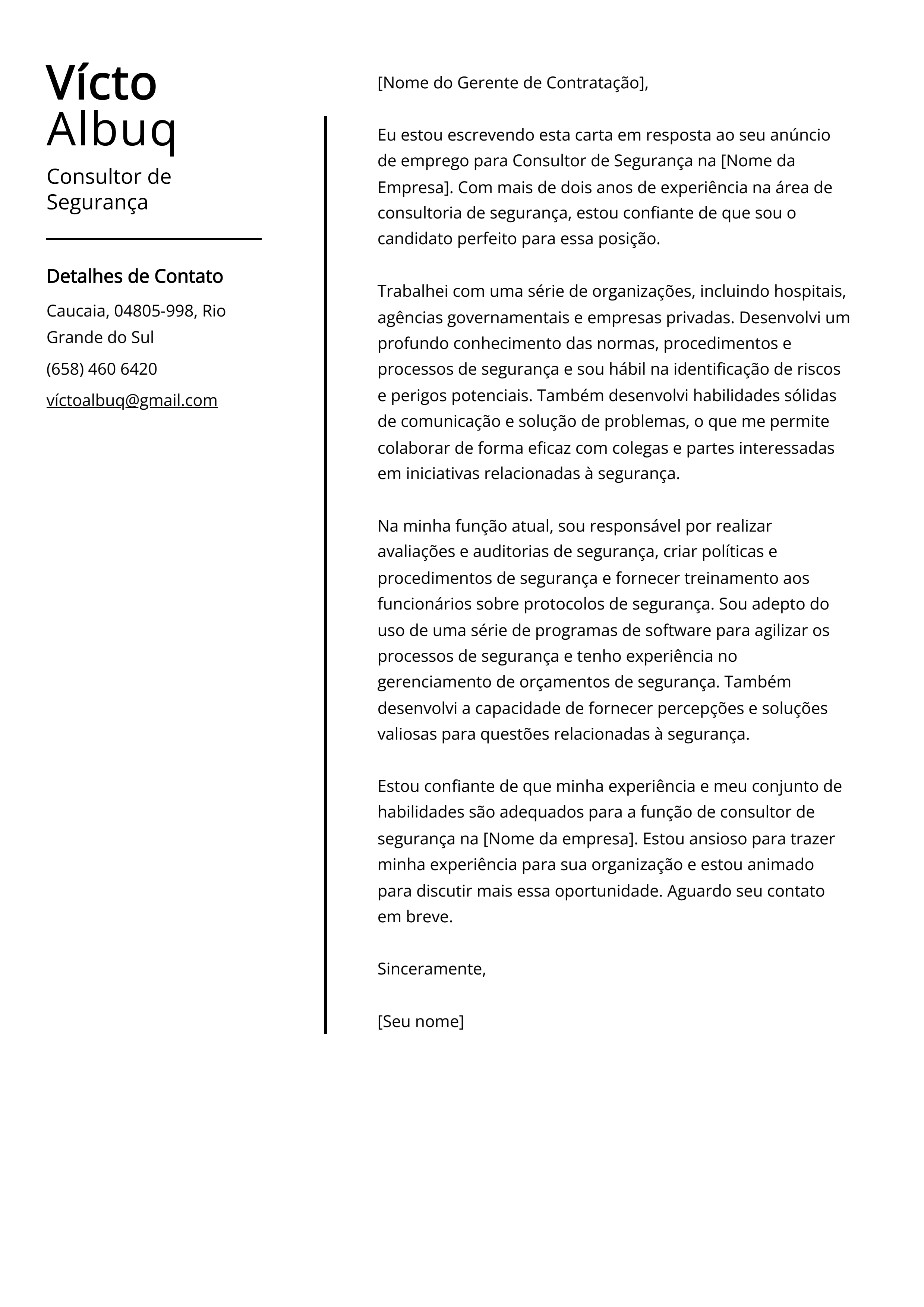 Exemplo de Carta de Apresentação de Consultor de Segurança