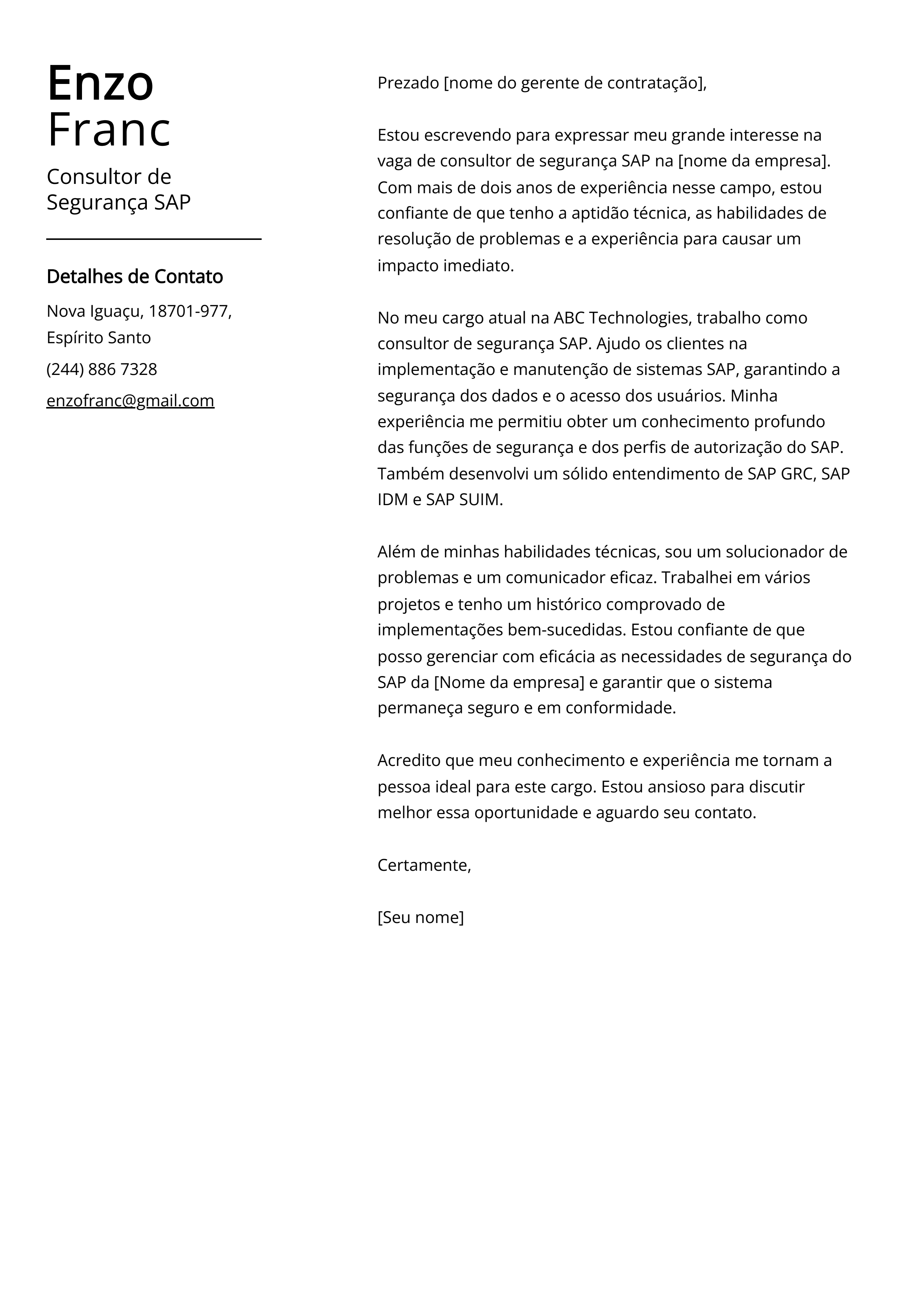 Exemplo de carta de apresentação do Consultor de Segurança SAP