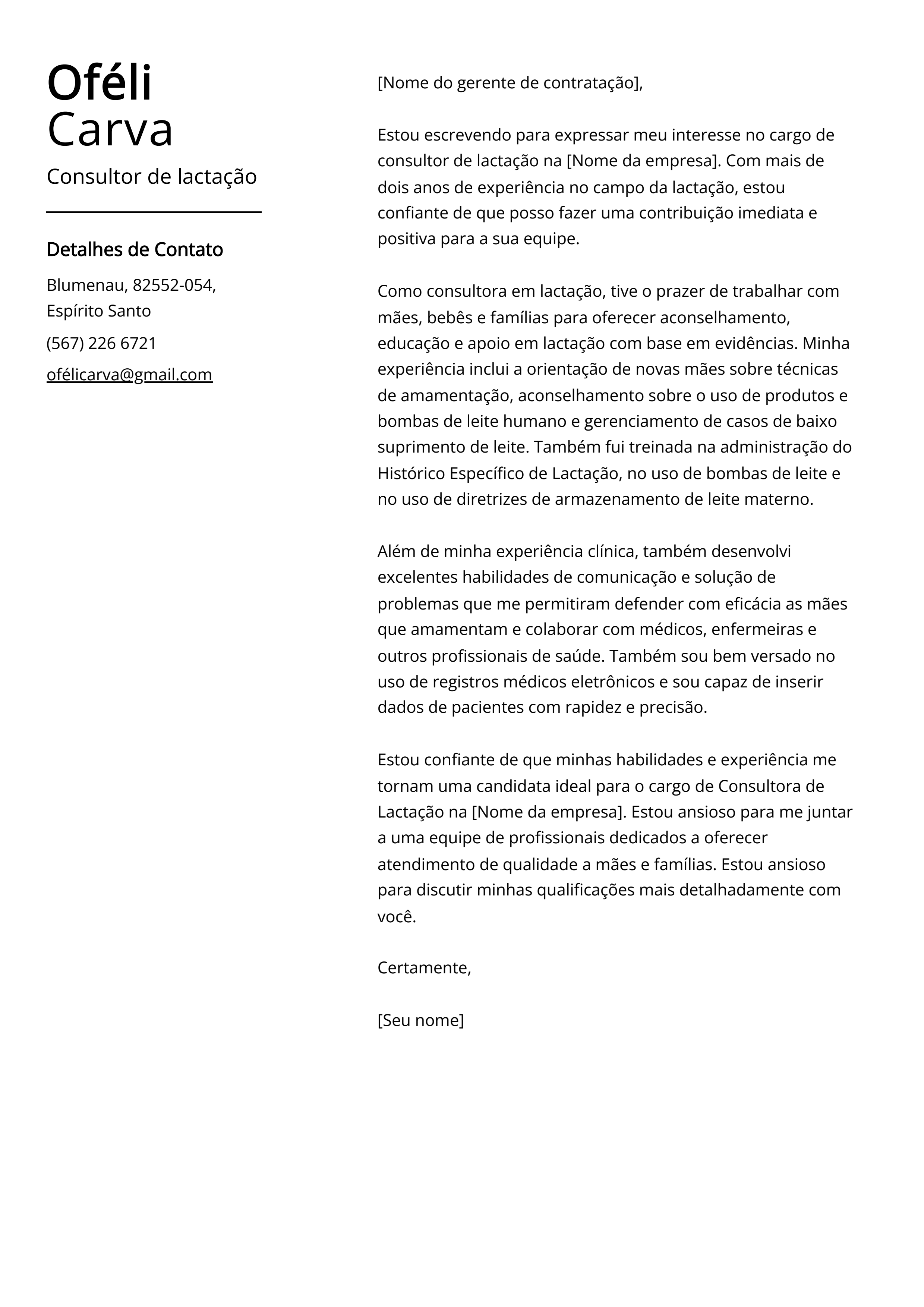 Exemplo de carta de apresentação de consultor de lactação