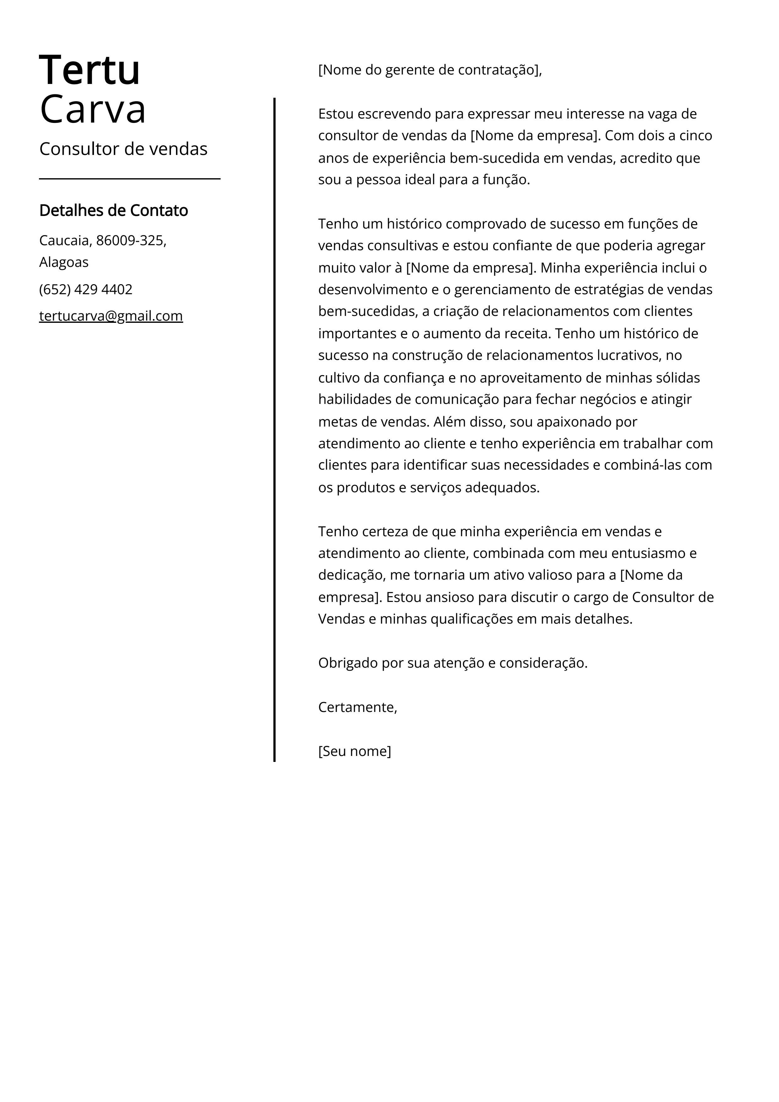 Consultor de vendas Exemplo de carta de apresentação