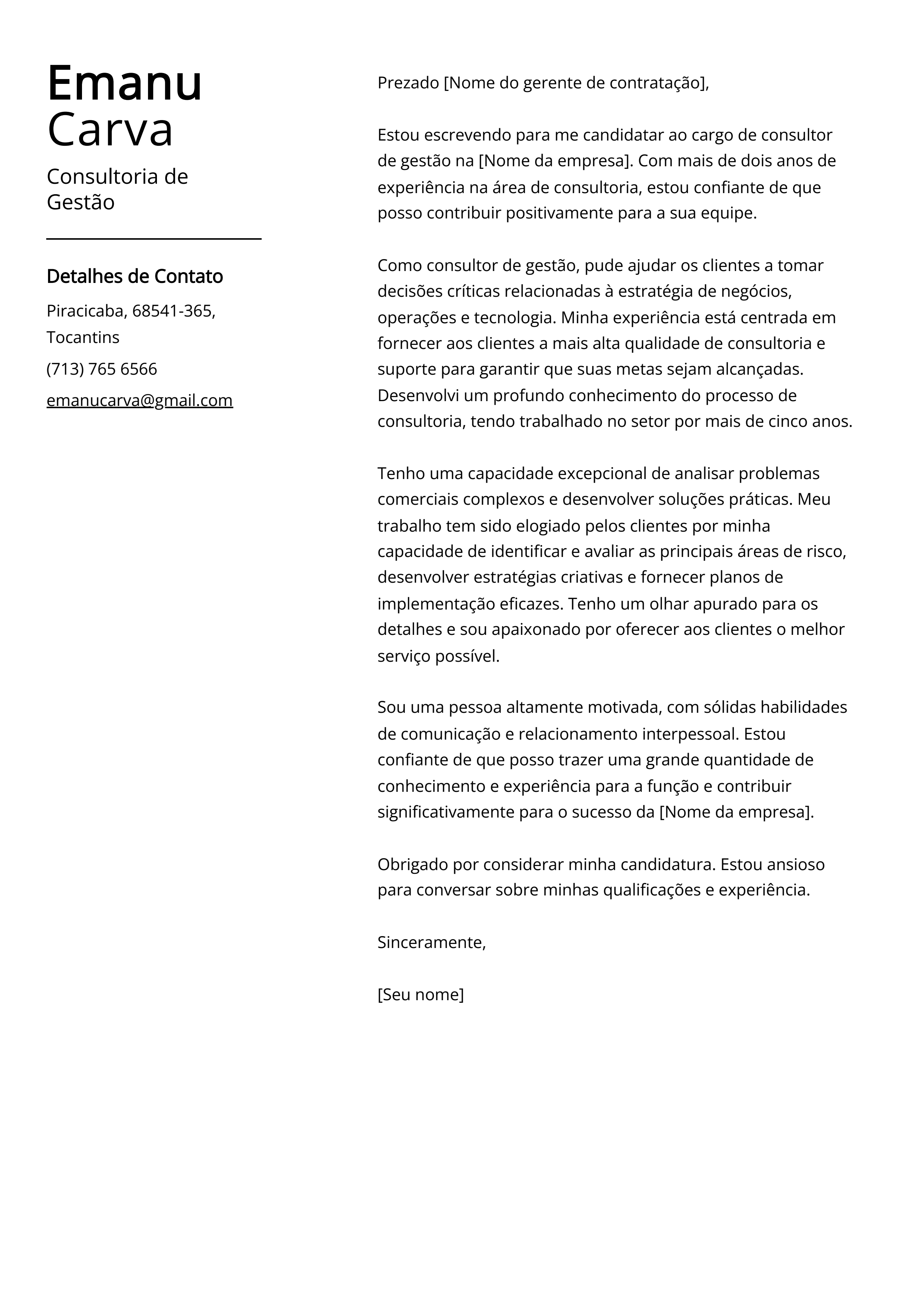 Exemplo de carta de apresentação da Consultoria de Gestão