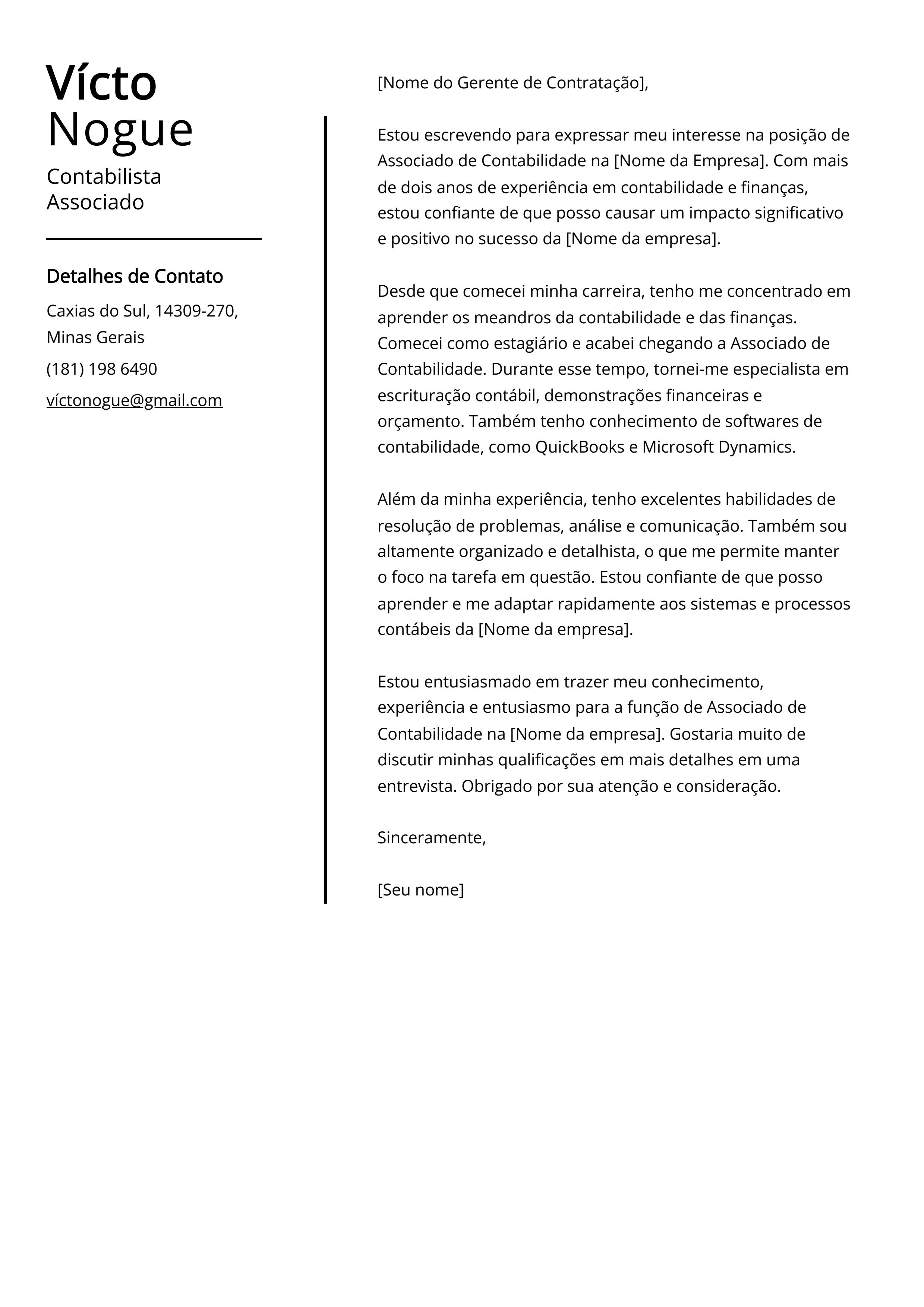 Exemplo de carta de apresentação de Contabilista Associado